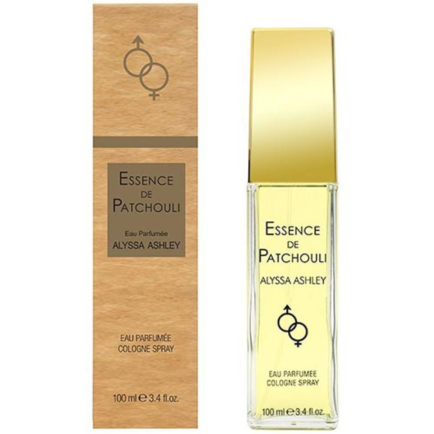 Flacone di profumo e confezione. Flacone con tappo dorato. Scritta: Essence de Patchouli, Alyssa Ashley. Logo con due simboli.