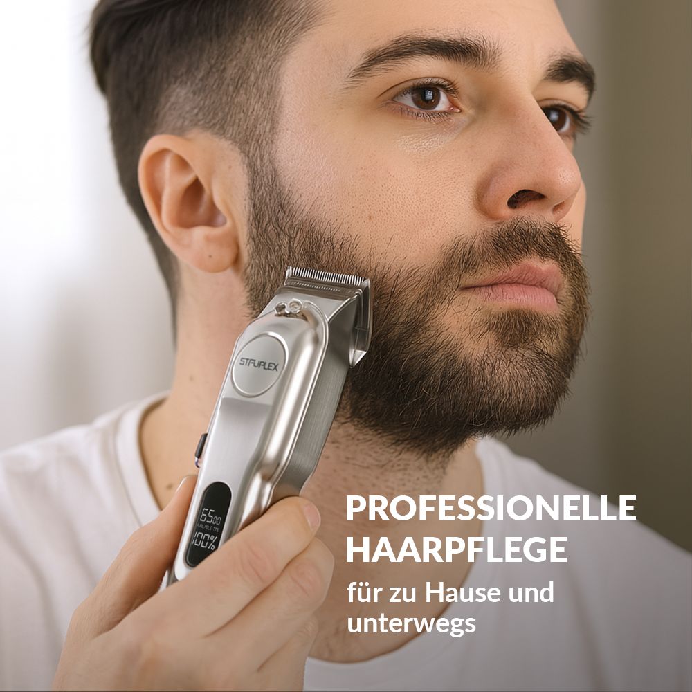 Mann rasiert Bart mit Haarschneidemaschine. Produkt mit LED-Display. Text: Professionelle Haarpflege für zu Hause und unterwegs.