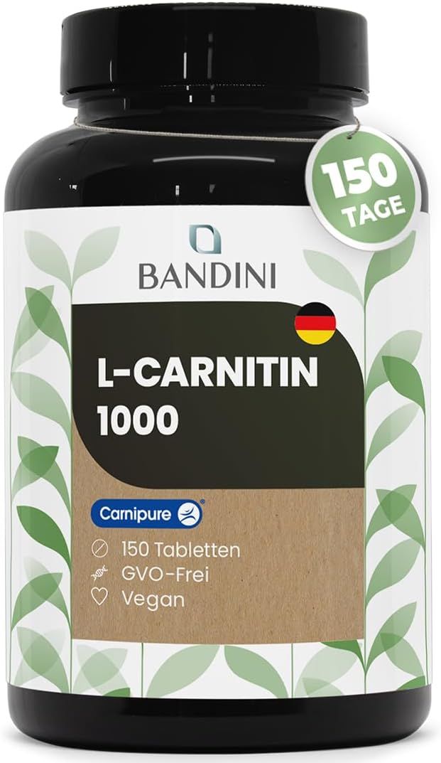 Schwarze Flasche Bandini L-Carnitin 1000 Tabletten. Etikett mit Produktinformationen, deutsche Flagge, 150 Tage, vegan.