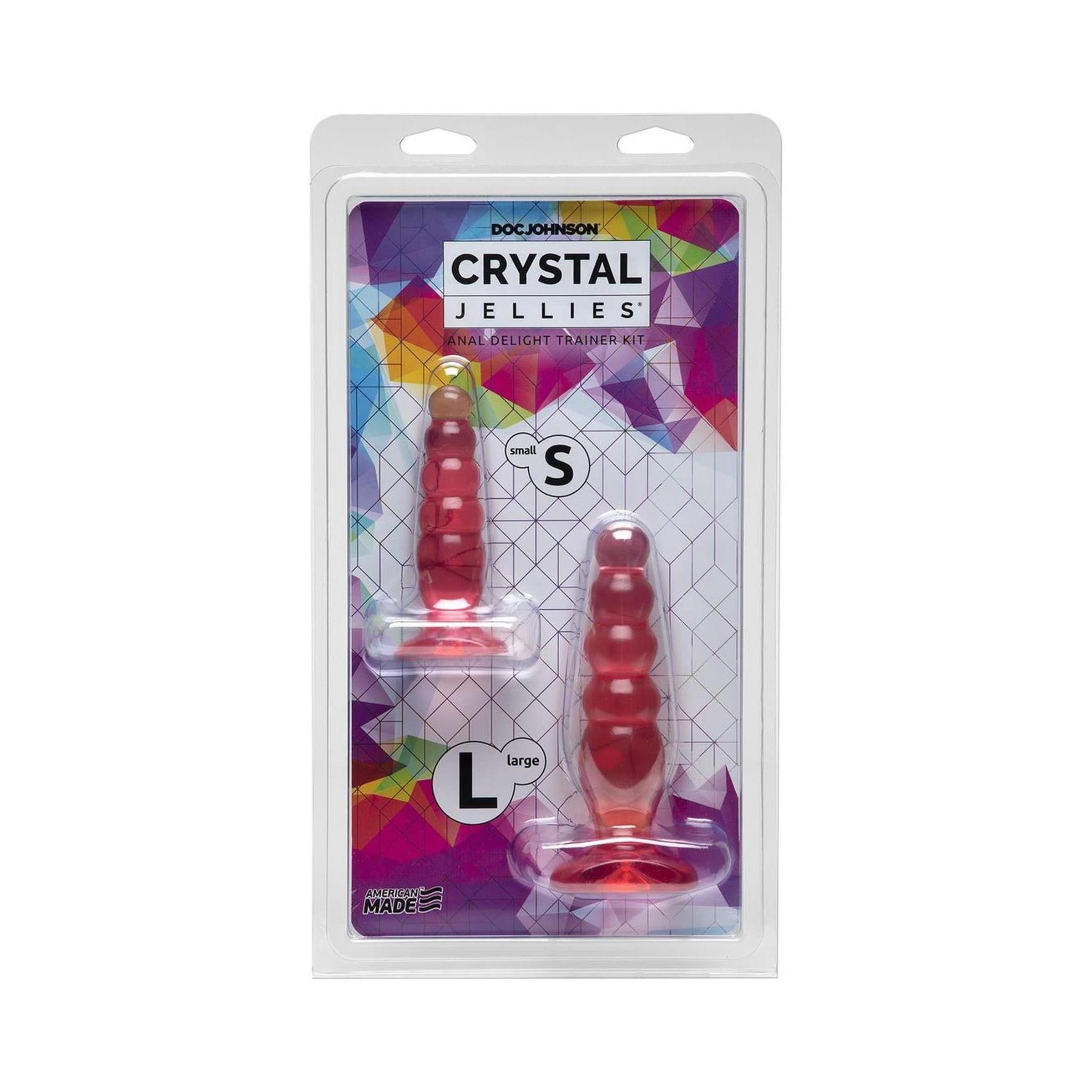 Zwei rosafarbene Anal-Trainer in Blisterverpackung. Beschriftung: "Crystal Jellies", Größen S und L.