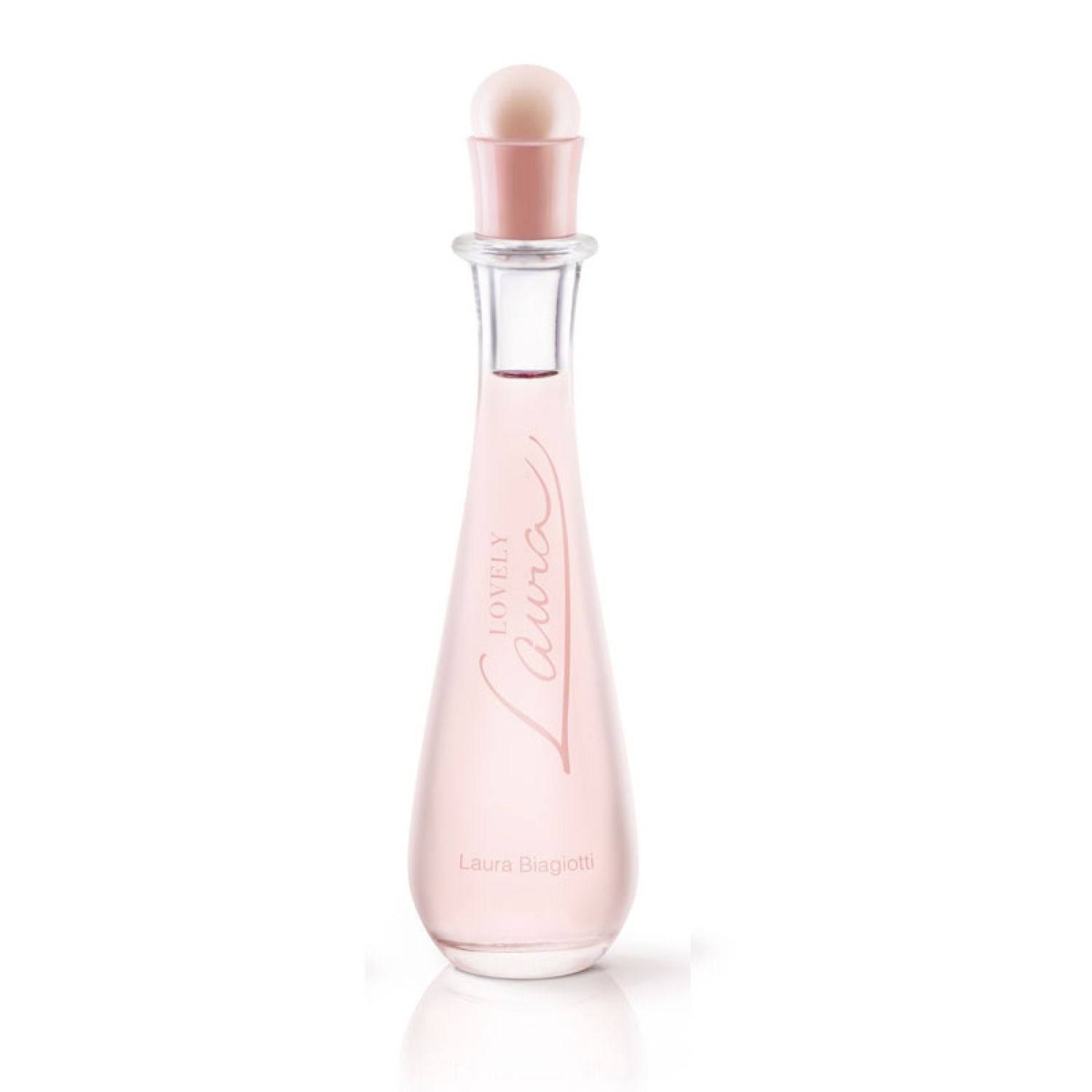 Rosa Eau de Toilette Flasche. Schriftzug Lovely Laura. Laura Biagiotti. Rosa Verschluss.