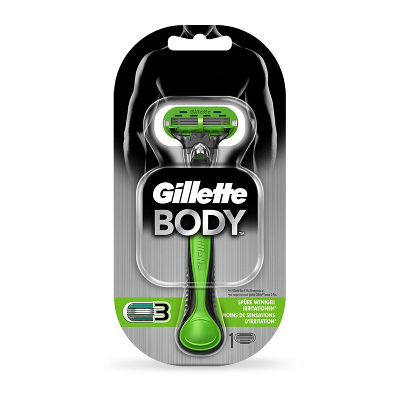 Gillette Body Nassrasierer in Verpackung. Grün-schwarzer Rasierer mit 3 Klingen. Verpackung mit Umriss eines Mannes.
