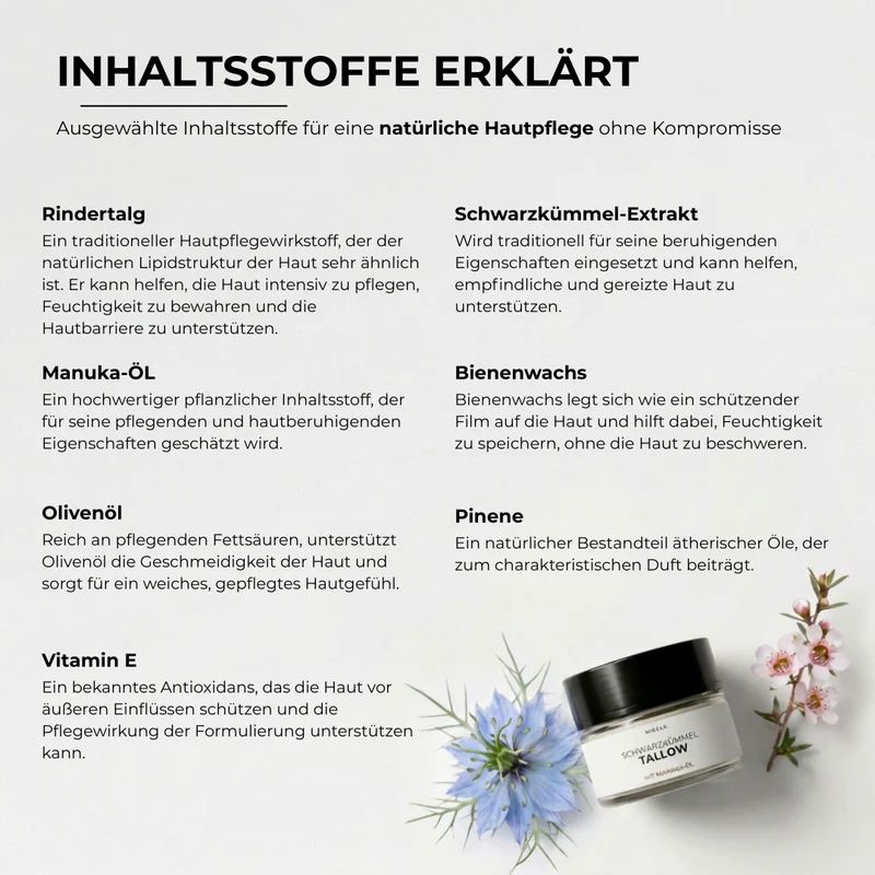 Erklärung von Inhaltsstoffen: Rindertalg, Manuka-Öl, Olivenöl, Vitamin E, Schwarzkümmel-Extrakt, Bienenwachs, Pinene.