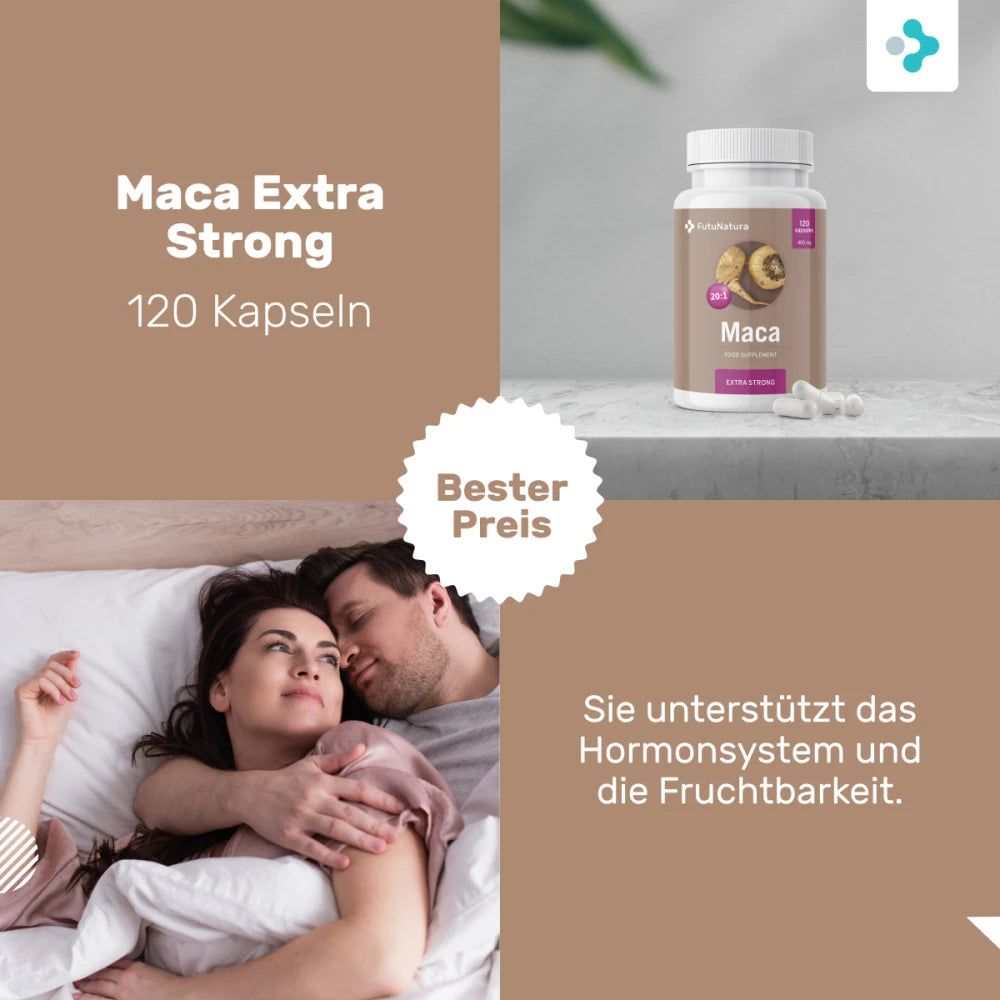 Produktabbildung: Flasche mit Maca Extra Strong und Kapseln. Im Hintergrund: Paar im Bett. Text: Bester Preis.