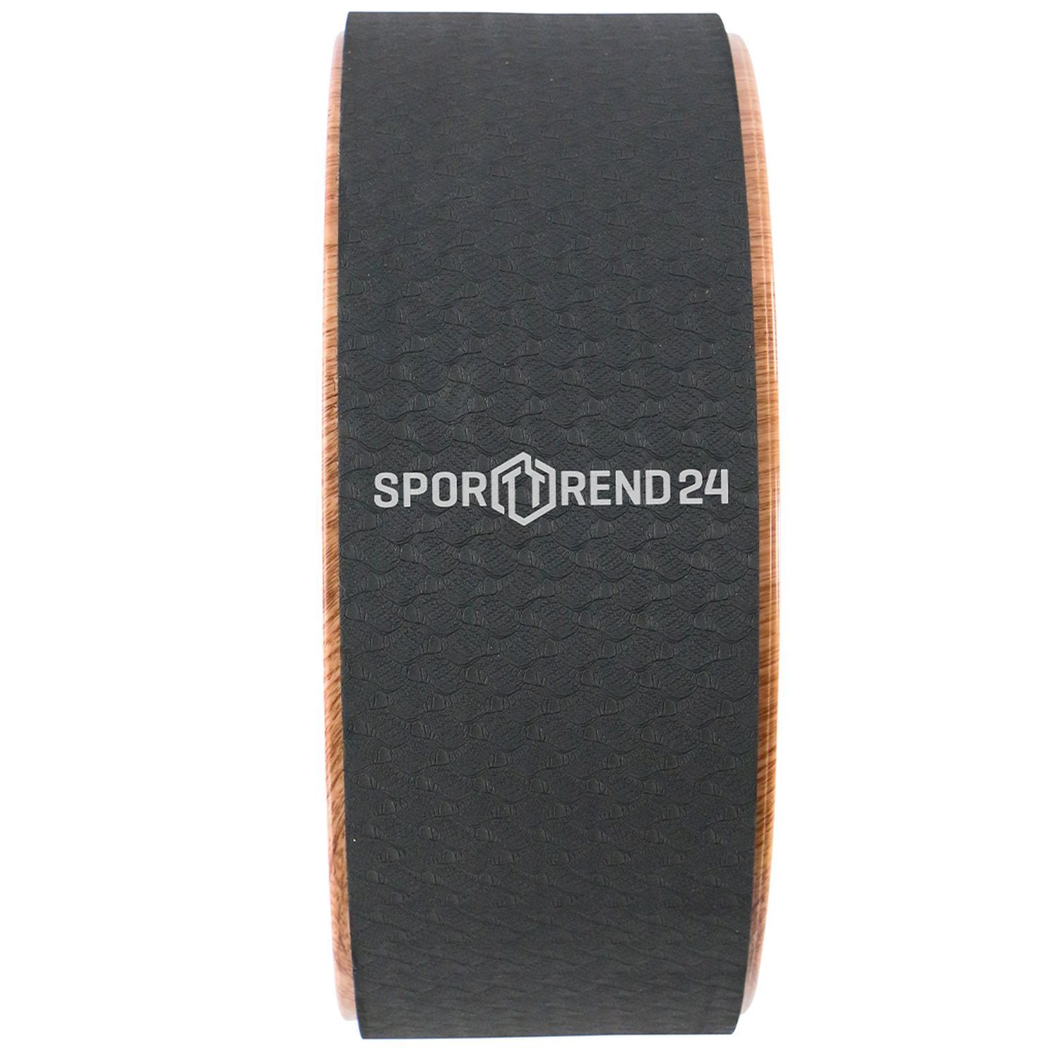 Yoga-Rad mit Holzoptik und schwarzer, strukturierter Oberfläche. Aufschrift: Sporttrend24.