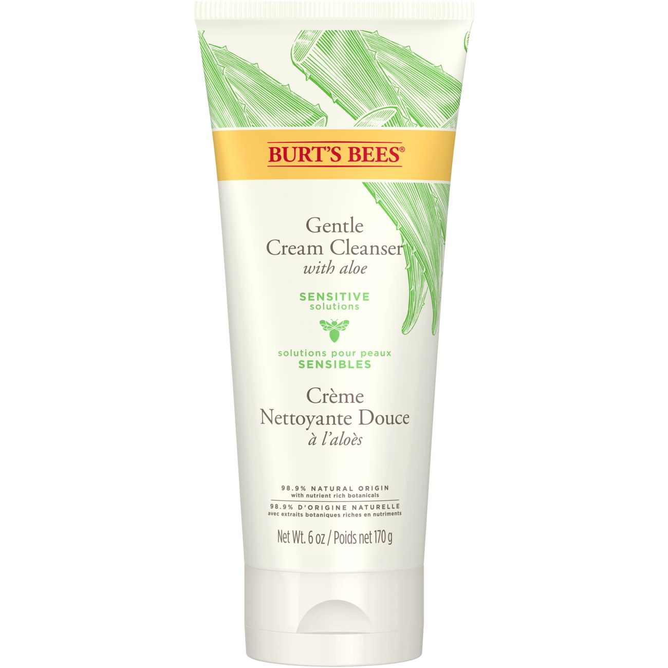 Weiche Tube mit Gesichtsreiniger. Aufschrift: BURT'S BEES, Gentle Cream Cleanser with aloe. Aloe-Vera-Illustrationen. Nettoinhalt: 170g.
