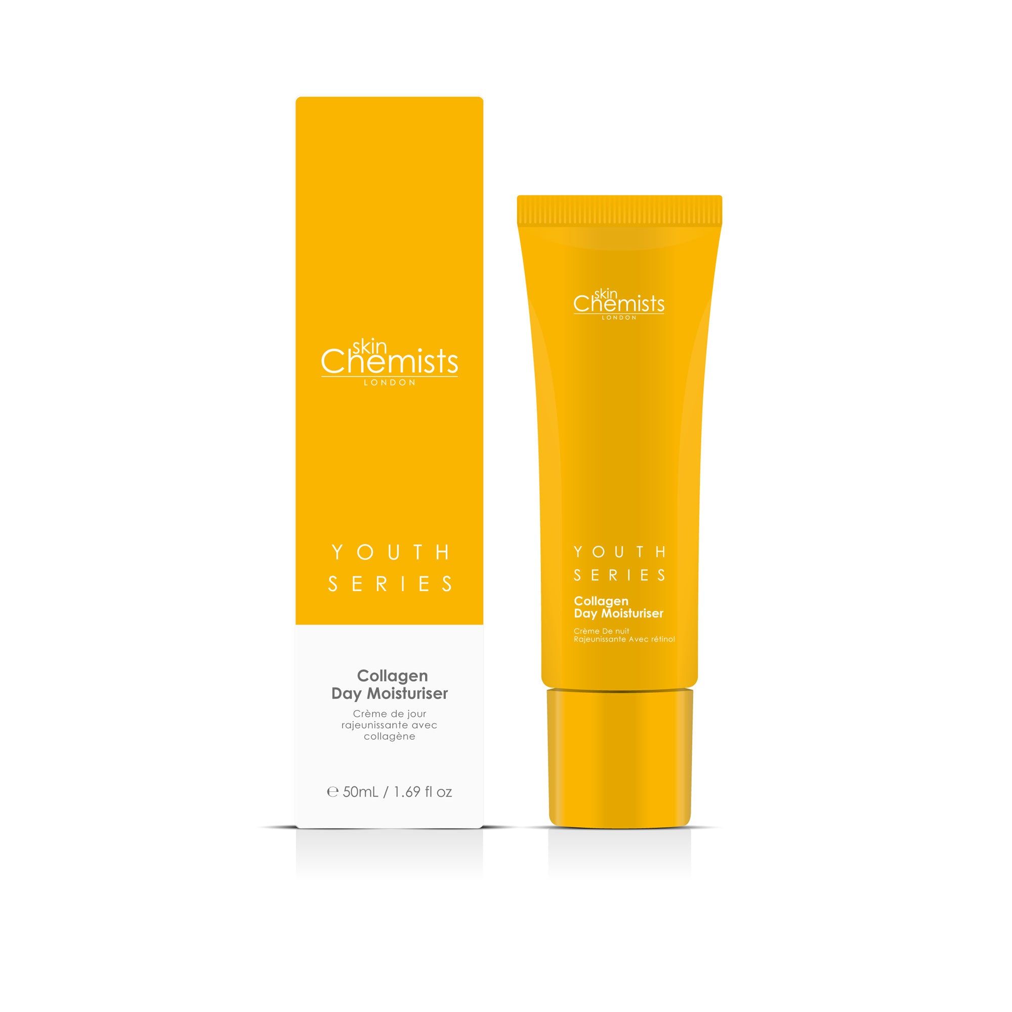 Gelbe Tube und Verpackung. Aufschrift: SkinChemists, Youth Series, Collagen Day Moisturiser. Verpackung: 50ml/1.69 fl oz.