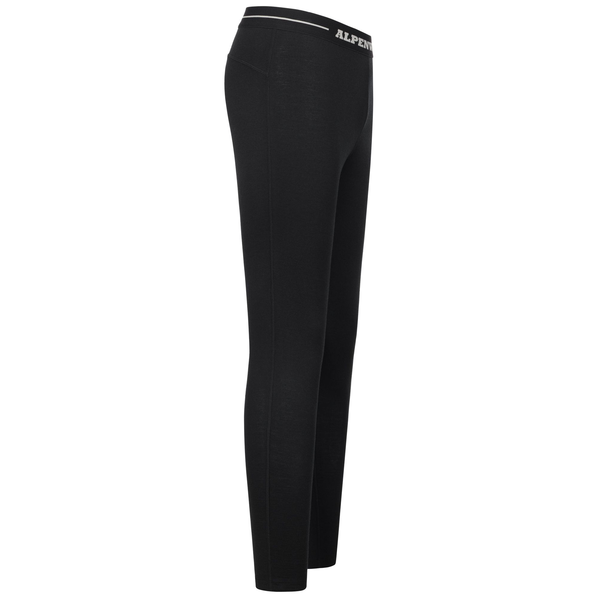 Seitenansicht einer schwarzen langen Unterhose für Herren aus 100% Merinowolle.