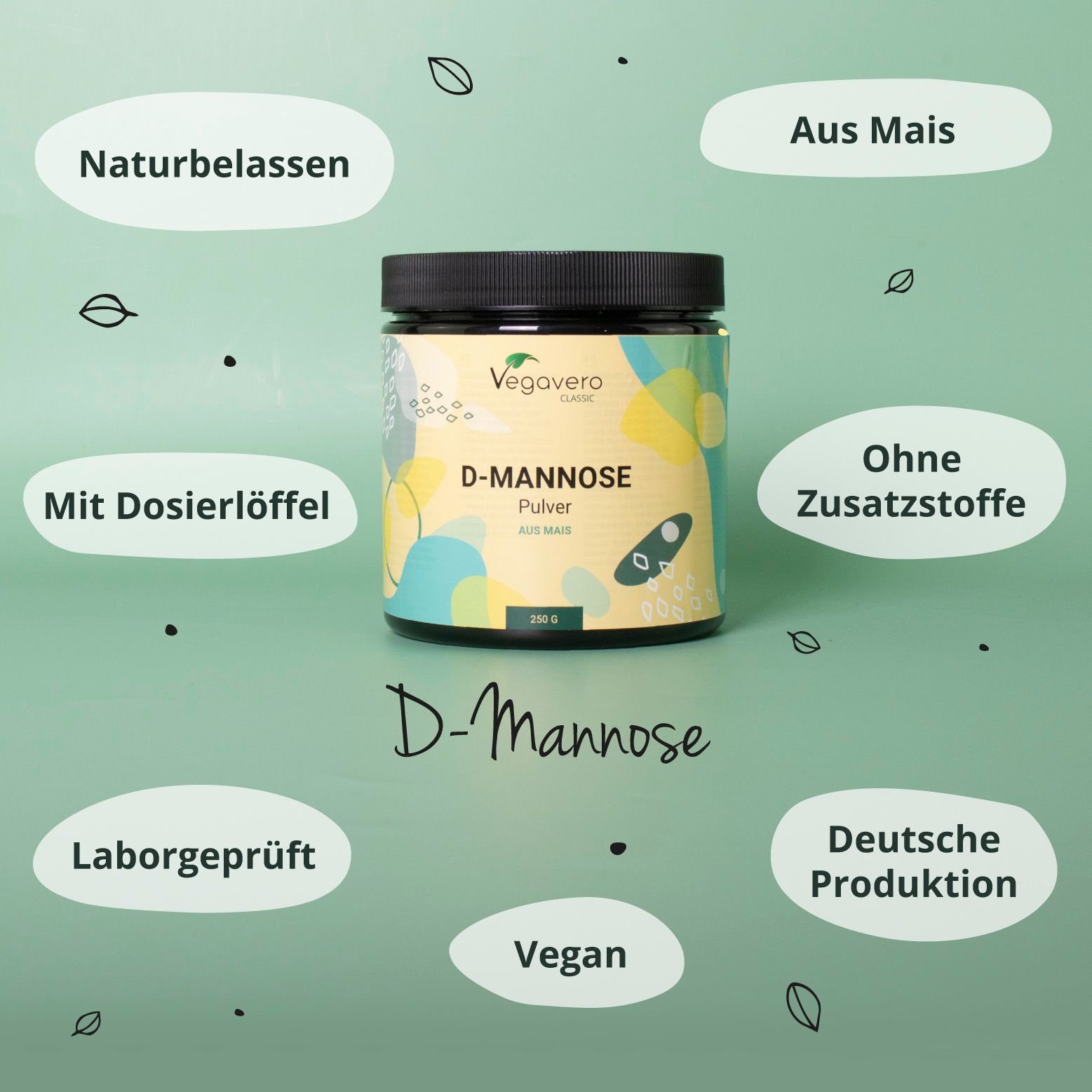 Produkt mit Aufschrift D-Mannose Pulver. Logos: Vegan, Laborgeprüft, Ohne Zusatzstoffe, Deutsche Produktion. Mit Dosierlöffel.