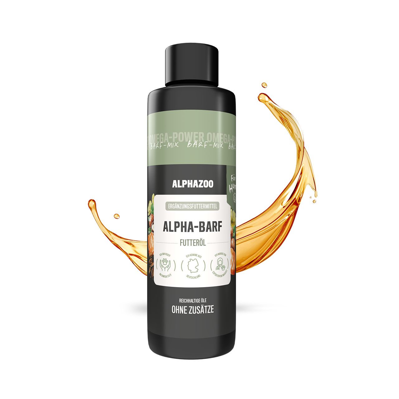 Schwarze Flasche mit grünem Etikett. Aufschrift: ALPHA-BARF Futteröl. Goldfarbener Ölstrahl.