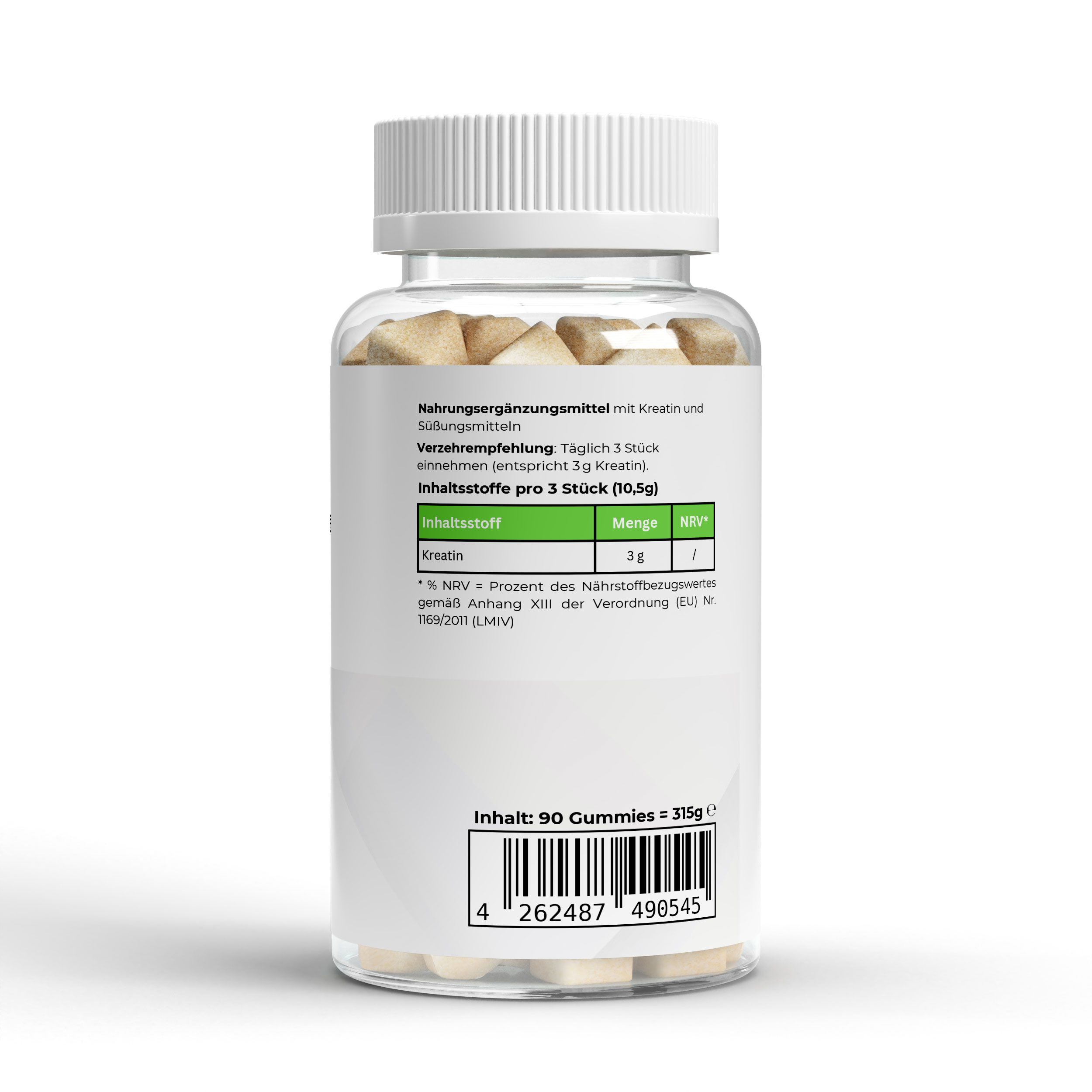 Transparente Dose mit weißen Deckel. Rückseite mit Produktinformationen und Barcode. Inhalt: 90 Gummies.