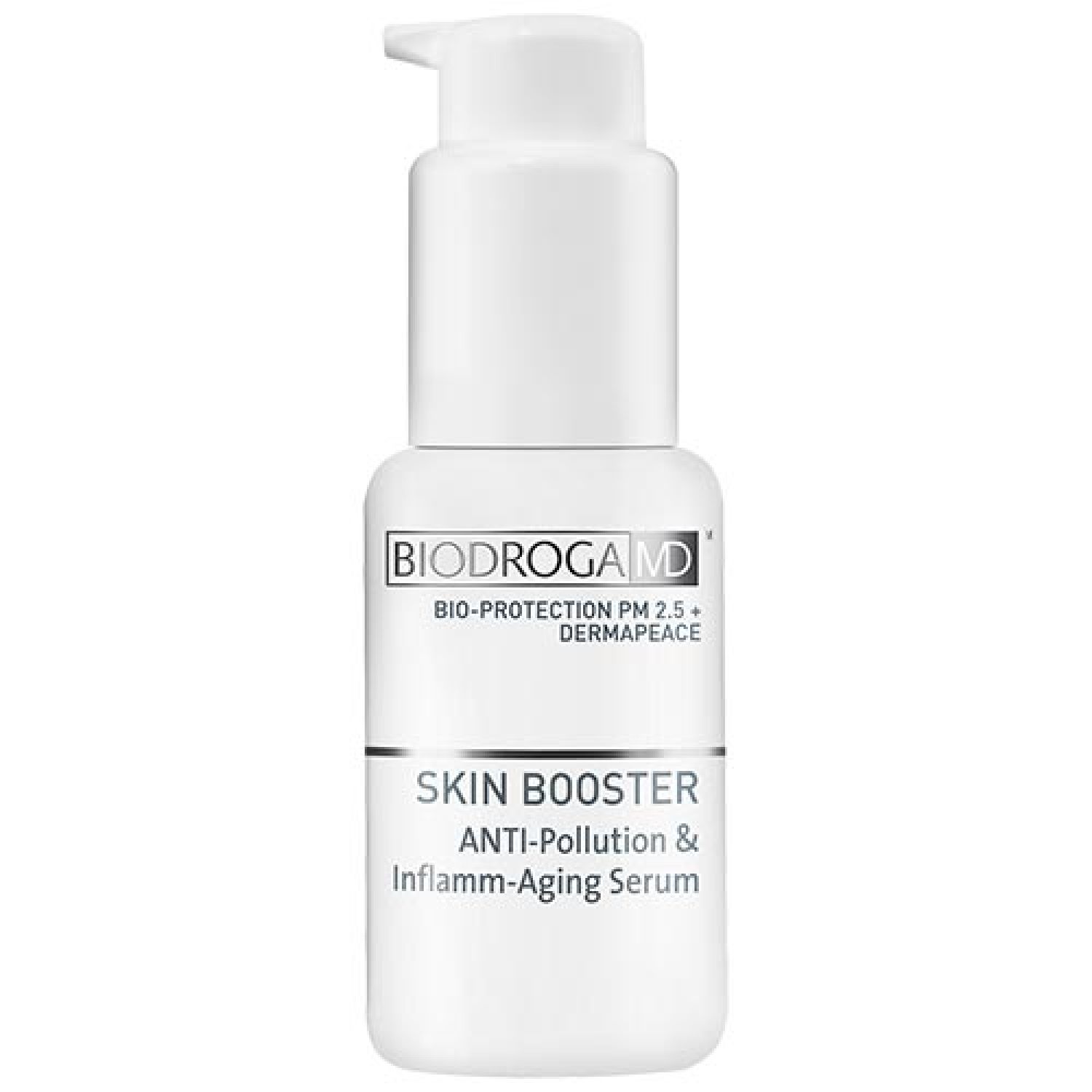 Weißer Spender mit Produktbezeichnung: BIODROGA MD SKIN BOOSTER Anti-Pollution & Inflamm-Aging Serum. Mit Pumpkopf.