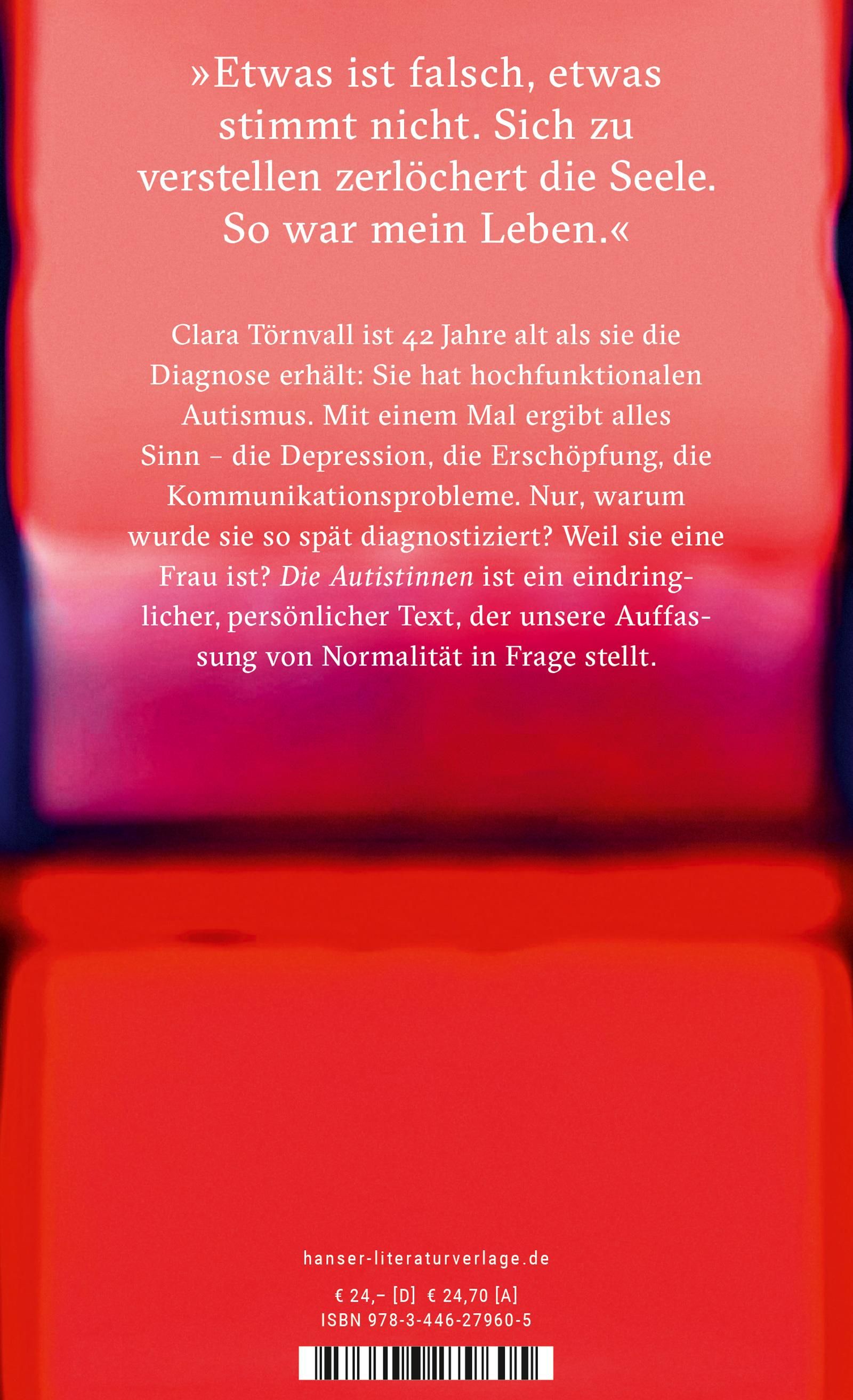 Buchrücken von "Die Autistinnen". Text in Deutsch. Autorin: Clara Törnvall. Verlag: Hanser Literaturverlag.