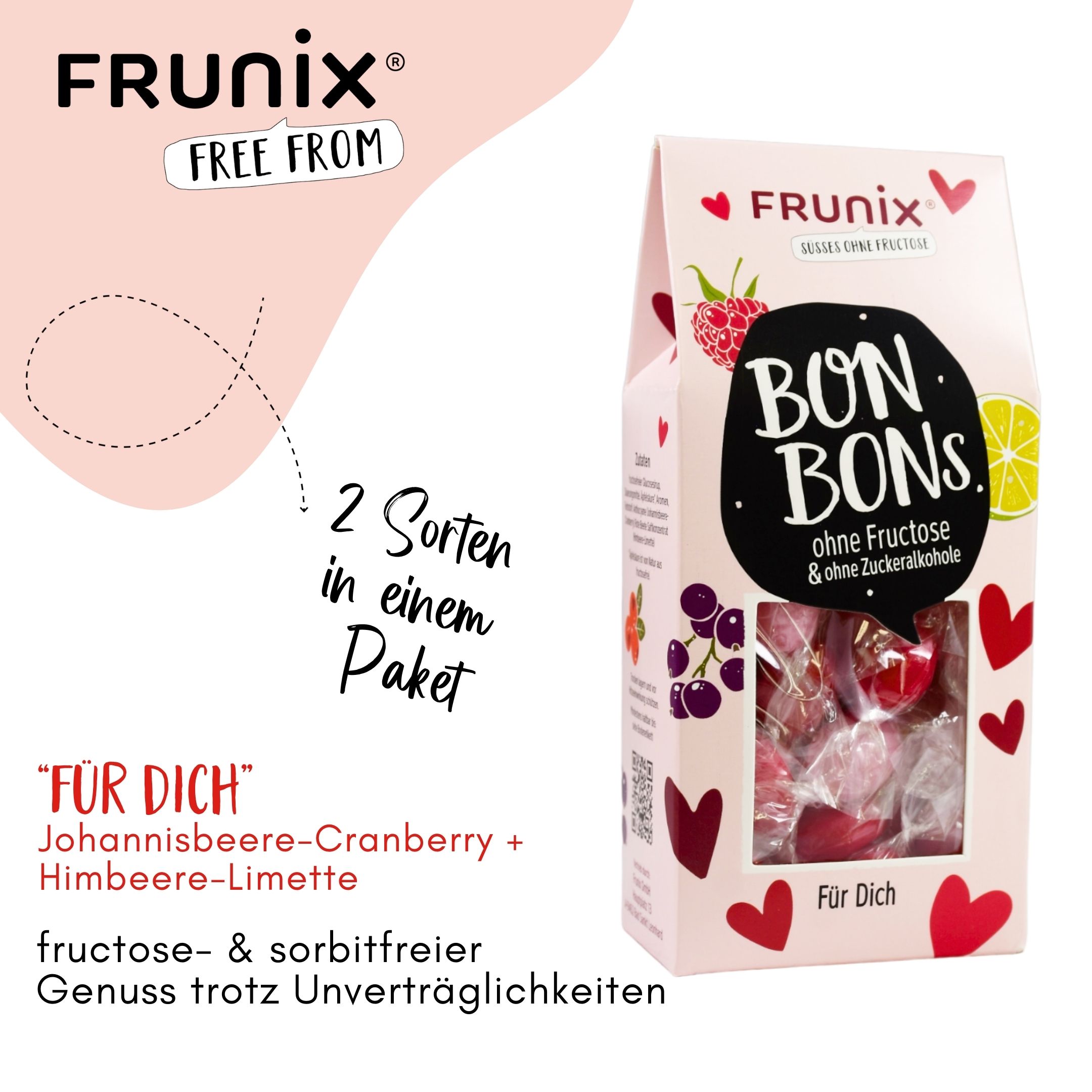 Verpackung mit Bonbons. Logo "FRUNIX". Text: "2 Sorten in einem Paket". Produktname: "Für Dich" Johannesbeere-Cranberry + Himbeere-Limette. Fructose- & sorbitfreier Genuss.