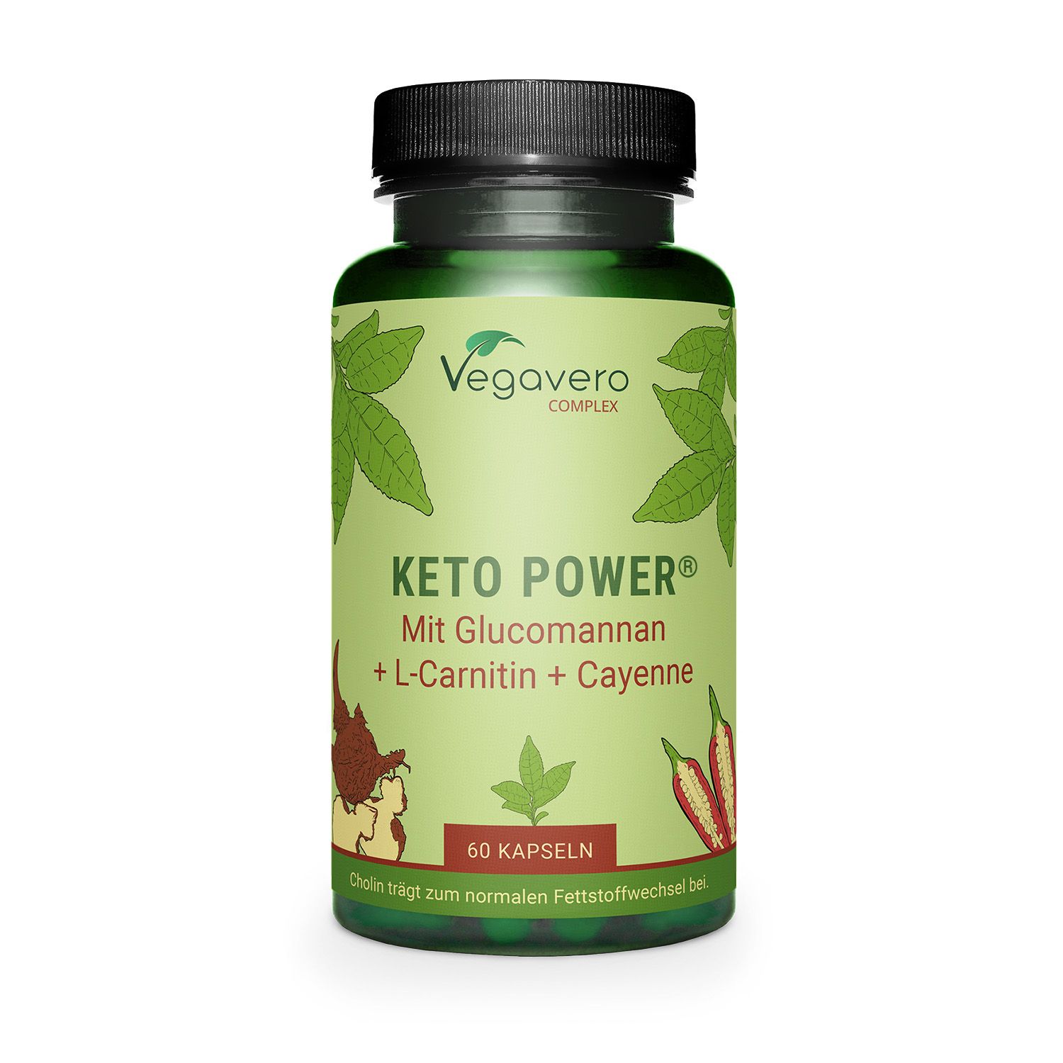 Grüne Kapsel-Dose mit schwarzem Deckel. Aufschrift: Keto Power, 60 Kapseln. Marke: Vegavero.