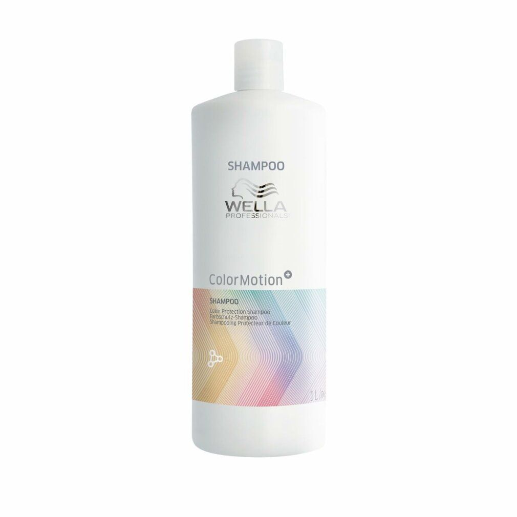 Weiße Shampoo-Flasche mit farbigem Etikett. Aufschrift: Color Motion, Wella.