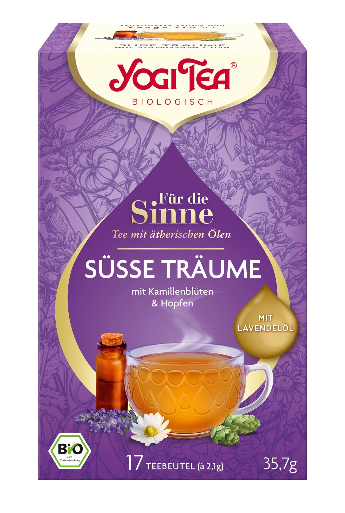Verpackung von Yogi Tea. Aufschrift: Süsse Träume, Tee mit ätherischen Ölen. Enthält 17 Teebeutel. Bio-Siegel.