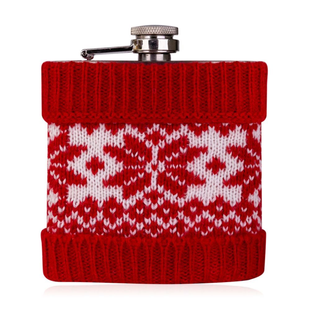 Roter Flachmann mit weißem Schneeflockenmuster. Flachmann in rotem Strickmuster. Metallverschluss.