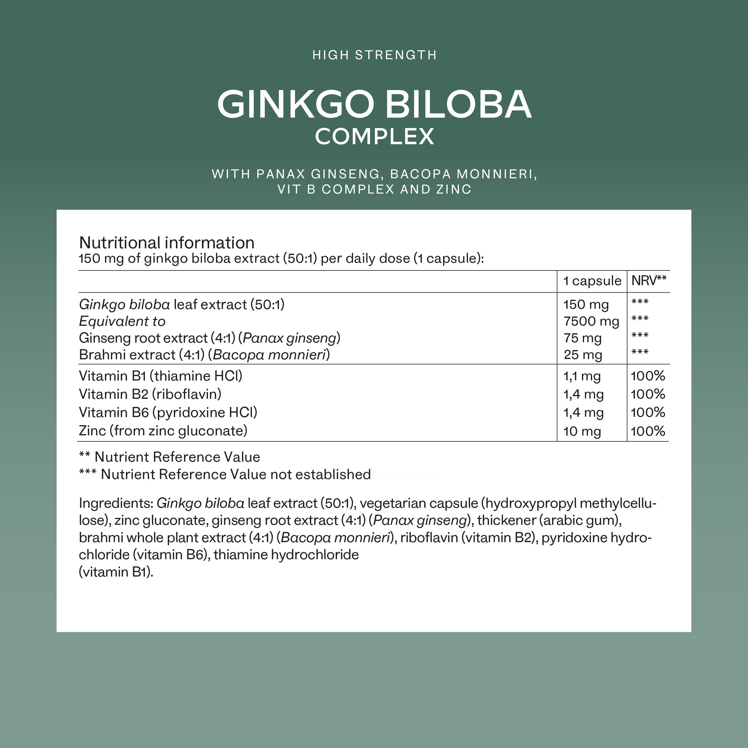 Aavalabs Ginkgo Biloba Complex. Nährwertangaben. 150mg Ginkgo Biloba Extrakt. Mit Panax Ginseng, Bacopa Monnieri, Vitamin B und Zink.