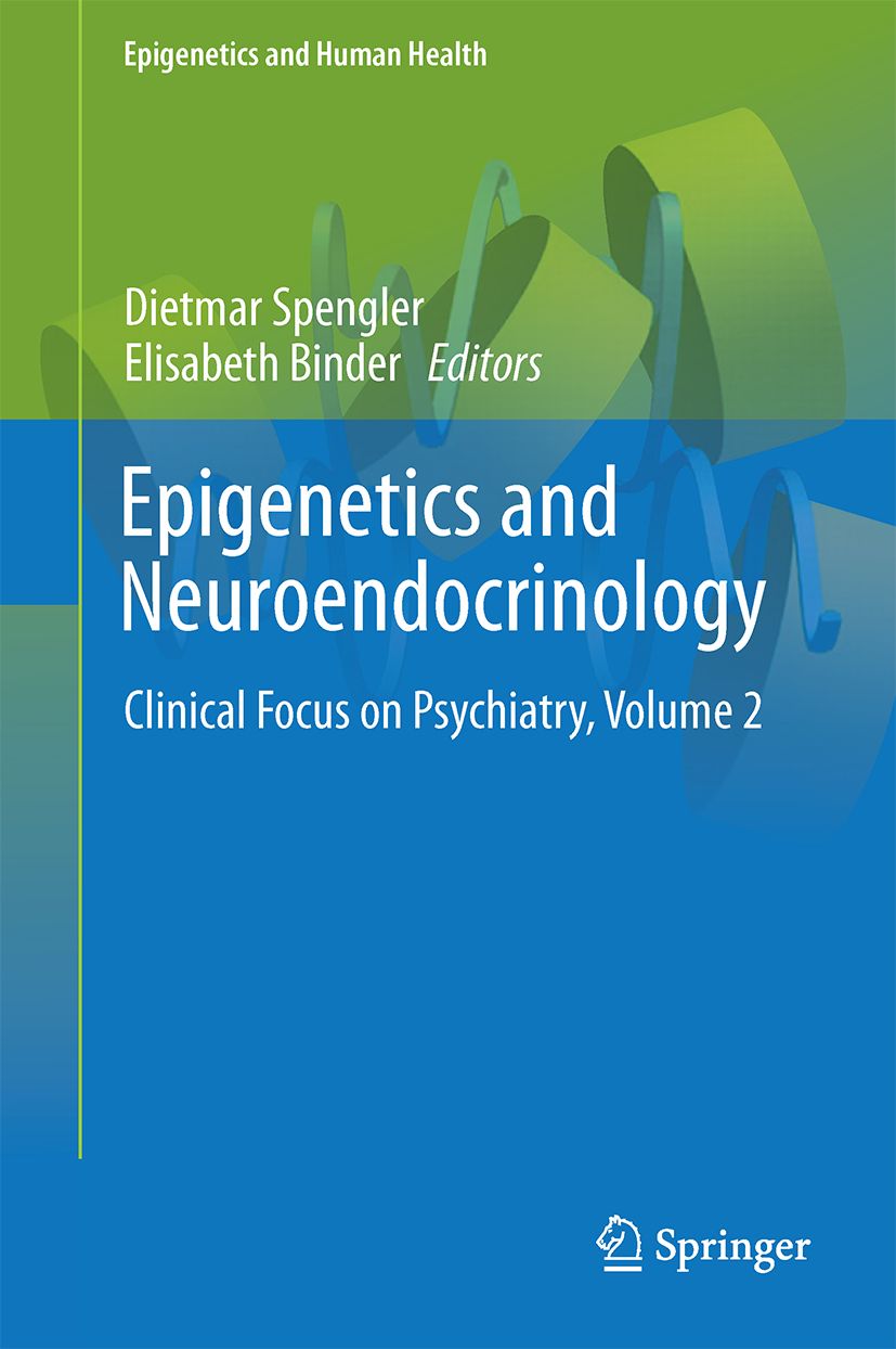 Buchcover: Epigenetics and Neuroendocrinology. Titel, Autoren, Springer-Logo. Blauer und grüner Hintergrund mit abstrakten Formen.