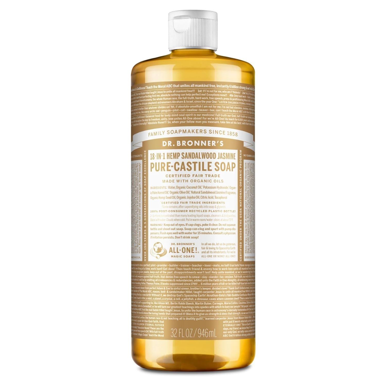 Dr. Bronner's Flüssigseife Sandelholz Jasmin. Braune Flasche mit weißem Deckel. Text: 18-in-1 Pure-Castile Soap.