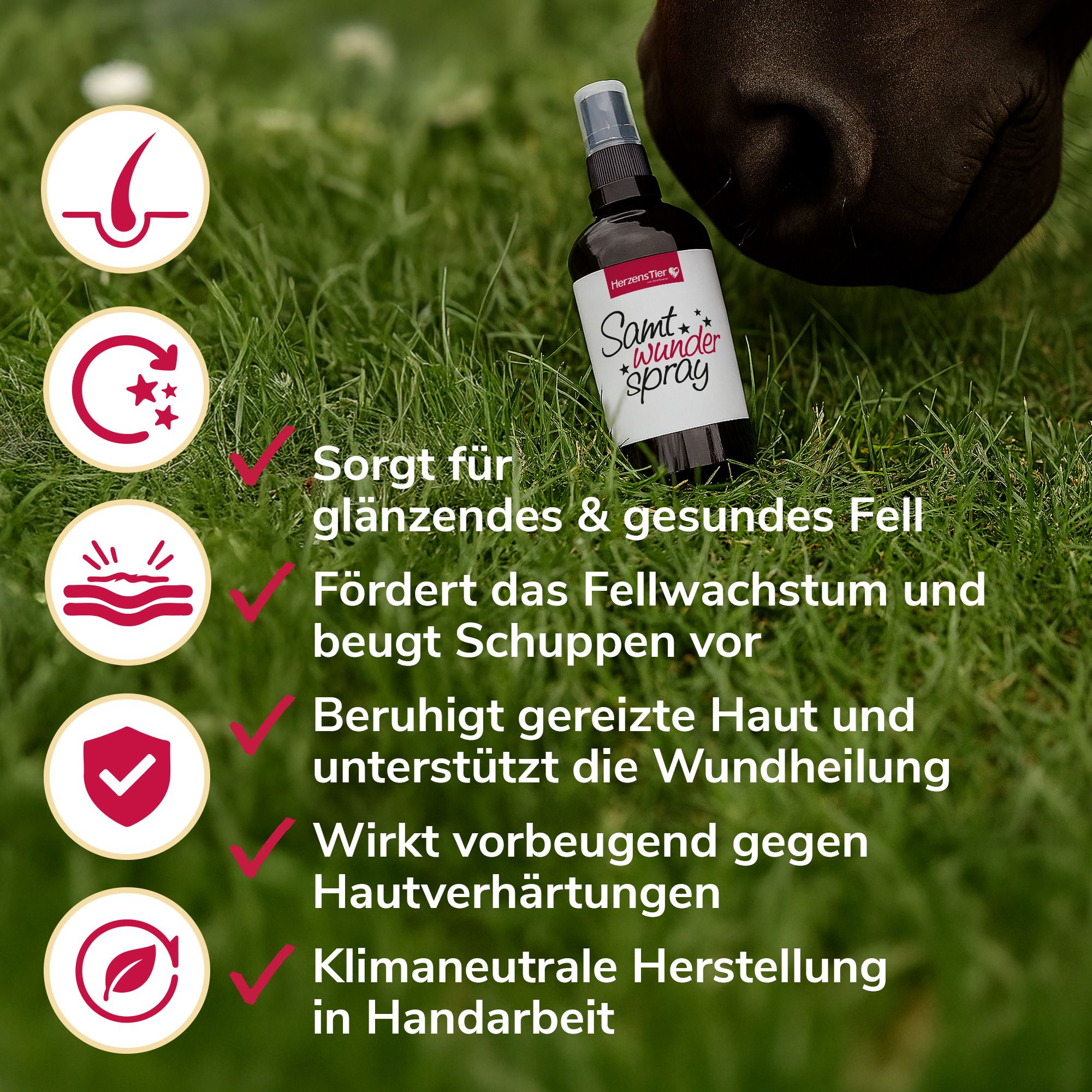 Produktflasche auf Gras. Text: Sorgt für glänzendes Fell, fördert Fellwachstum, beruhigt Haut.
