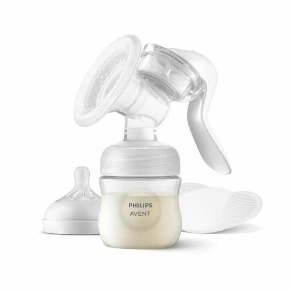 PHILIPS AVENT manuelle Milchpumpe. Transparente Pumpe, Flasche, Sauger und Brusthaube. Milch sichtbar.