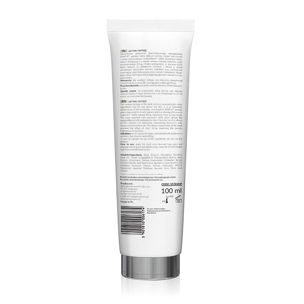 Rückseite einer weißen Tube. Text mit Produktinformationen und Inhaltsstoffen. Barcode und Volumenangabe.