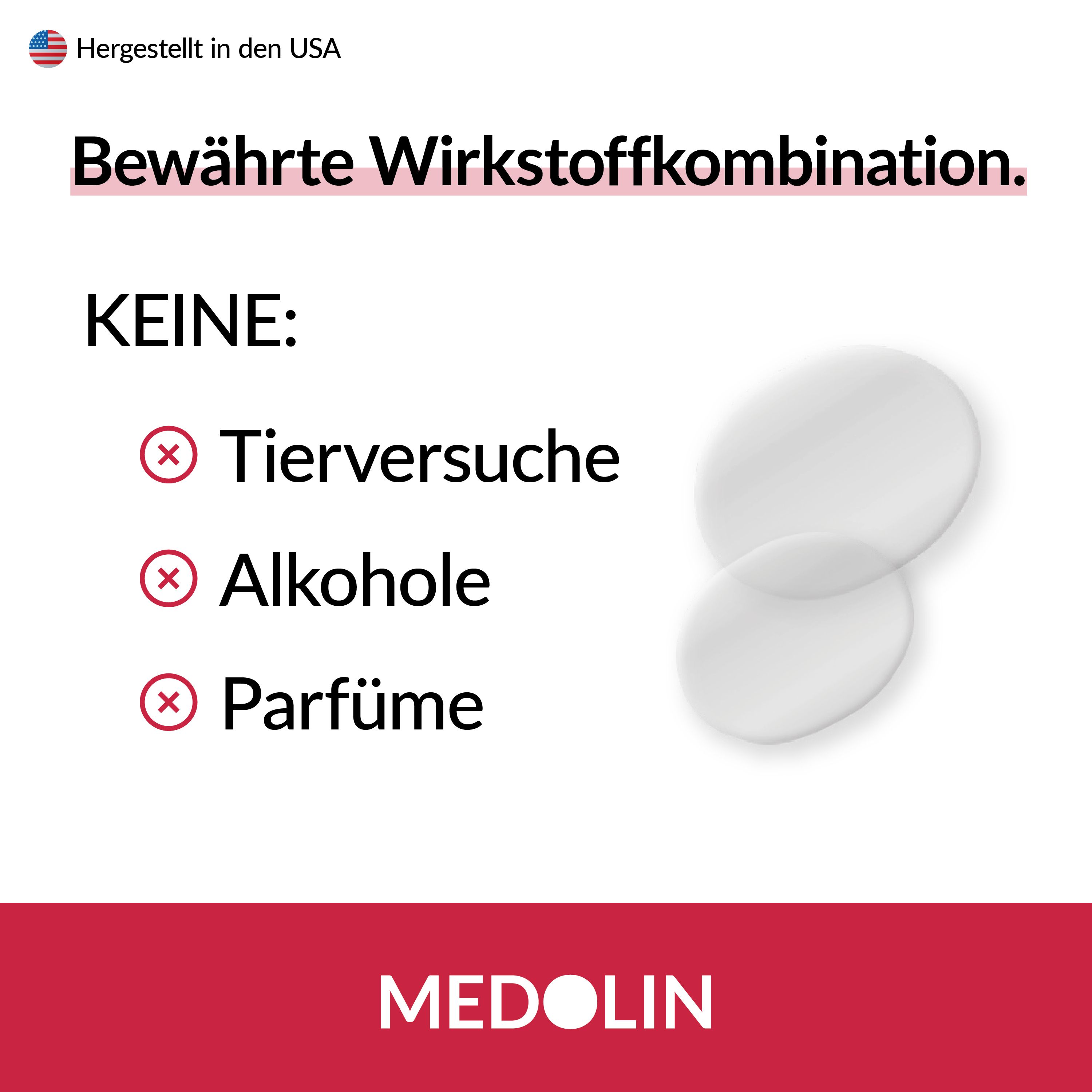 Medolin® Herpes Pflaster. Zwei runde, transparente Herpespflaster. Text: Keine Tierversuche, Alkohol, Parfüm.