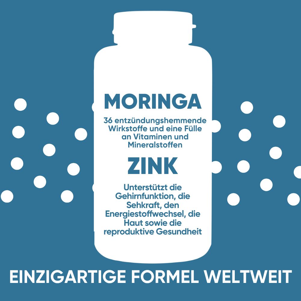 Flasche mit Zink und Moringa, 36 entzündungshemmende Wirkstoffe, Vitamine und Mineralstoffe.