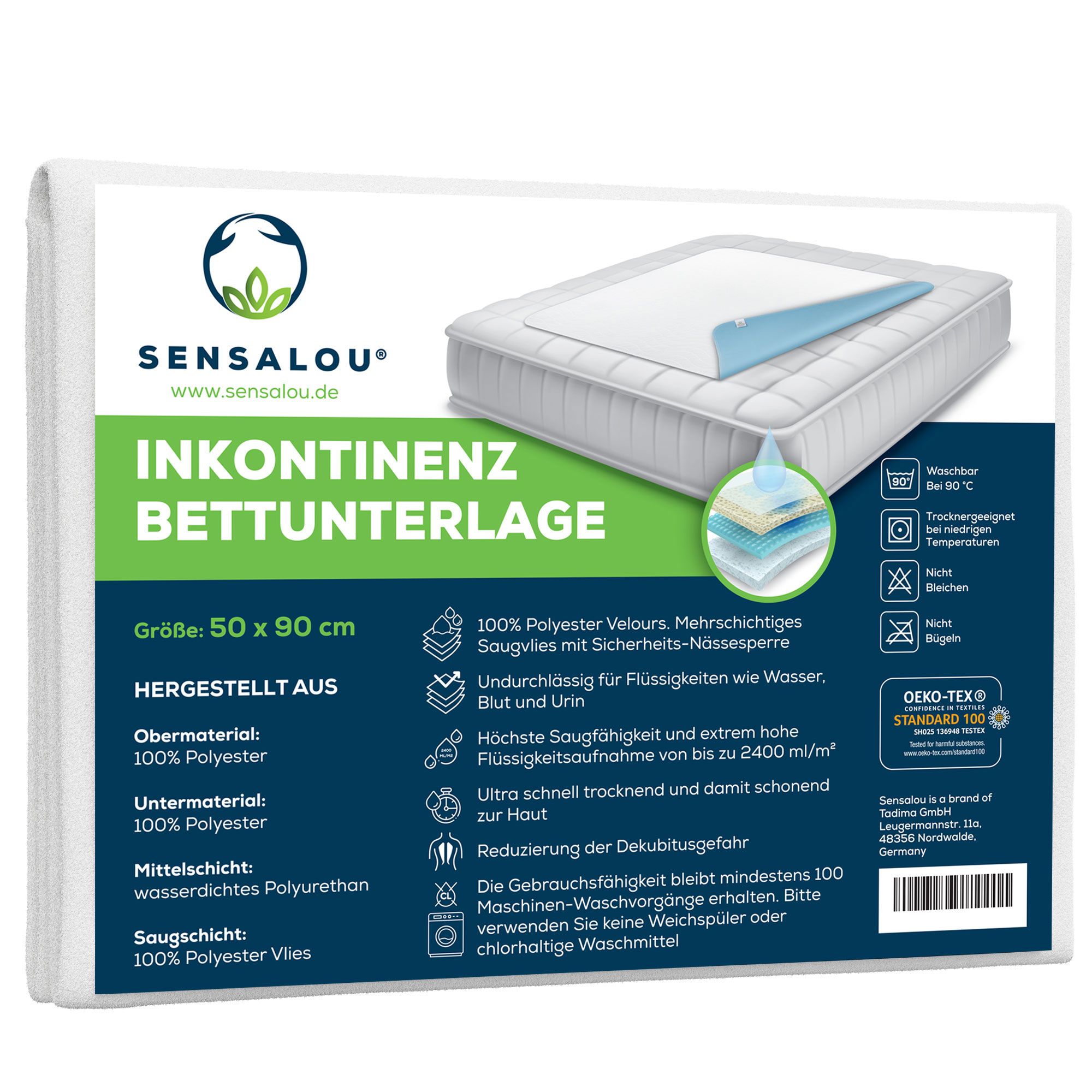 Productverpakking: Incontinentie bedonderlegger. Maat: 50x90 cm. Oeko-Tex label. Productinformatie.