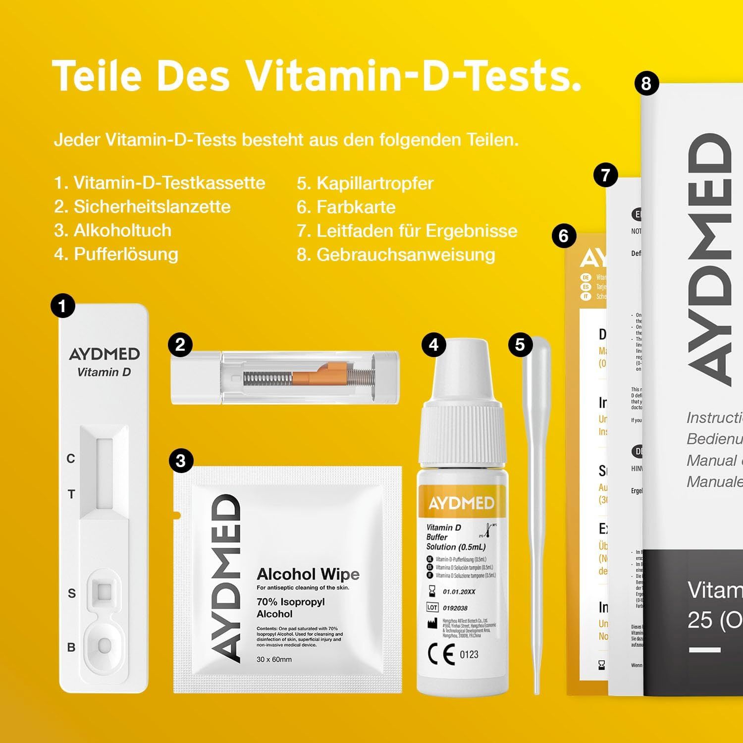 Bestandteile des Vitamin-D-Tests. Testkassette, Lanzette, Alkoholtuch, Pufferlösung, Kapillartropfer, Farbfarte, Gebrauchsanweisung.