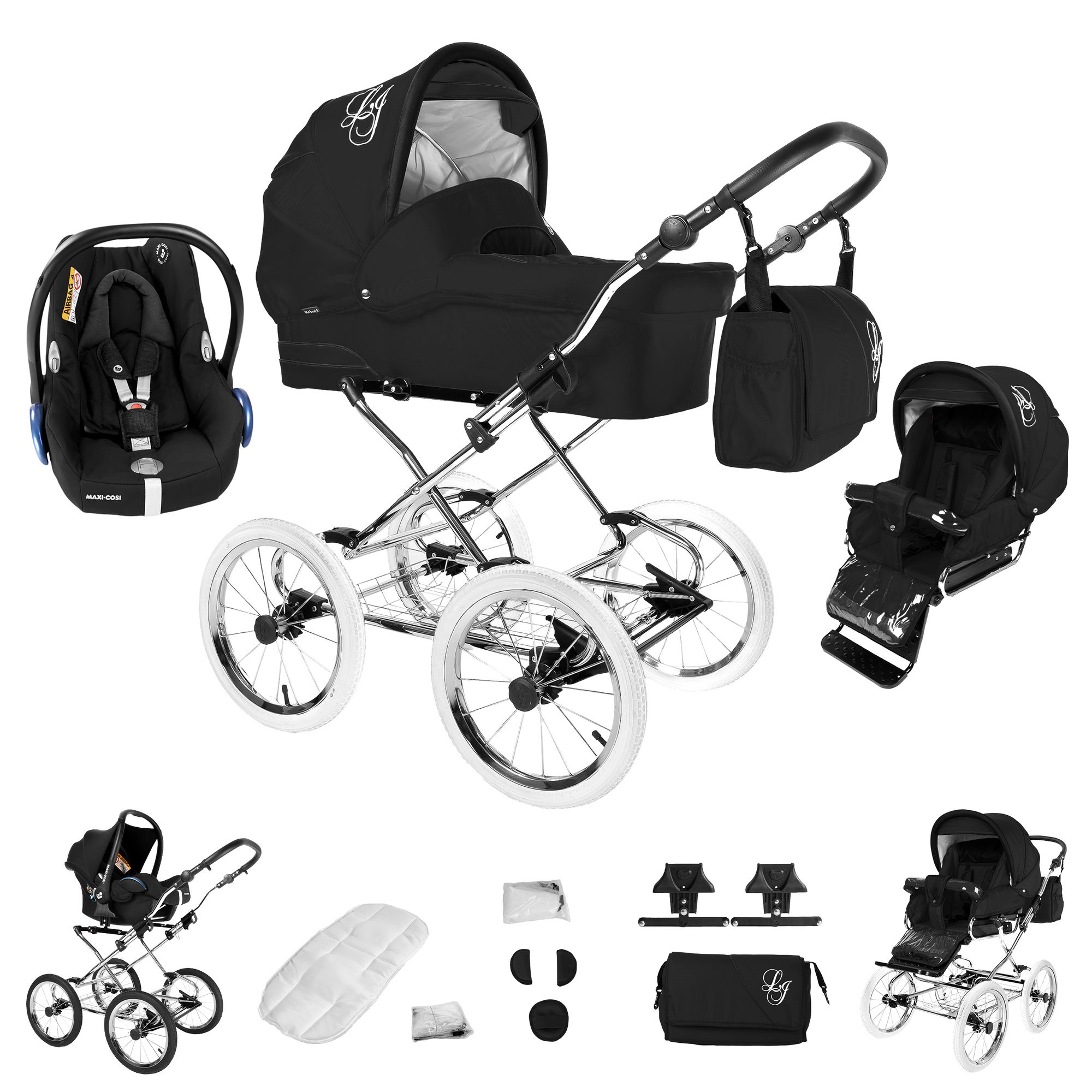 Kinderwagen-Set mit Maxi Cosi, schwarz. Enthält Babywanne, Sportwagenaufsatz, Babyschale, Tasche, Regenschutz, Adapter. Chromgestell, weiße Reifen.