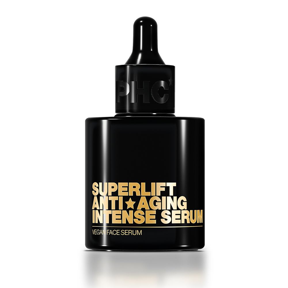 Schwarze Serumflasche mit goldfarbenem Text: Superlift Anti-Aging Intense Serum. Vegan Face Serum. Tropferaufsatz.