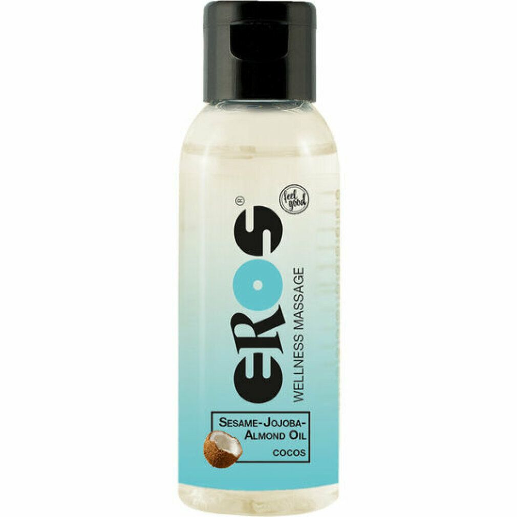 Klarflüssige Flasche mit schwarzem Deckel. Aufschrift: EROS, Wellness Massage, Sesam-Jojoba-Mandelöl, Cocos. Kokosnuss-Illustration.