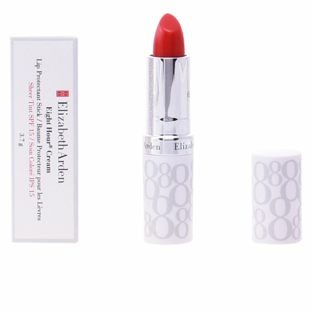Lippenstift, rot. Silberfarbener Stift mit weißem Deckel. Marke Elizabeth Arden. Verpackung daneben.