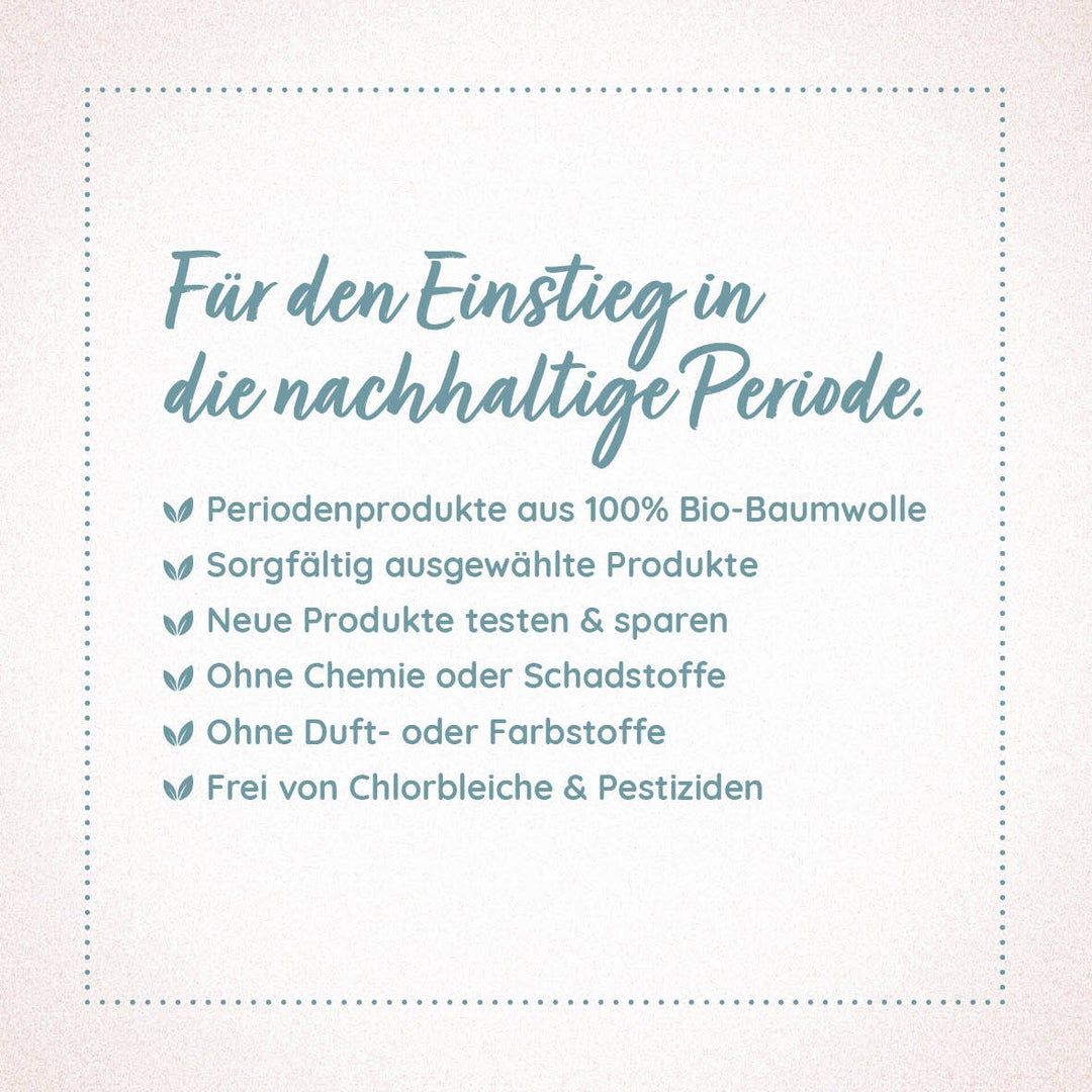Text auf cremefarbenem Hintergrund. Überschrift: Für den Einstieg in die nachhaltige Periode. Aufzählung von Produktmerkmalen.