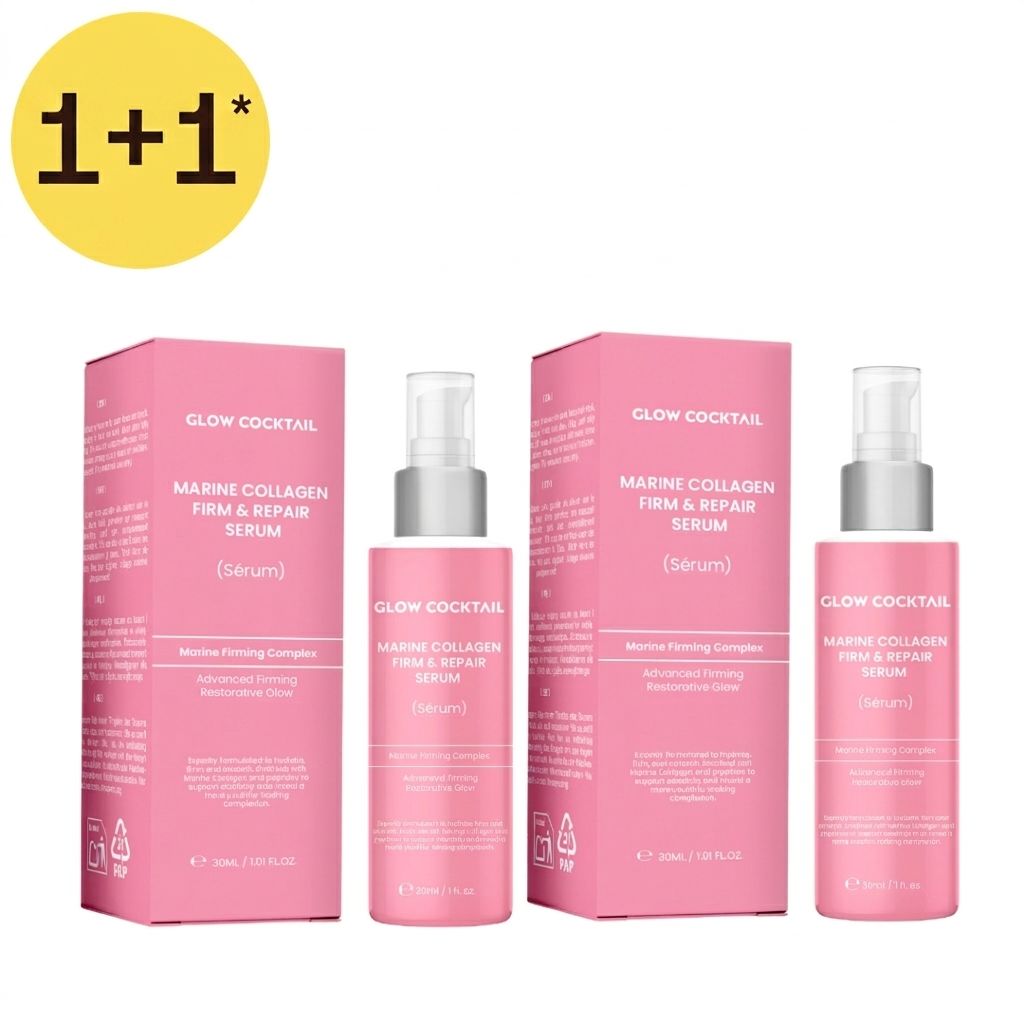 Zwei rosa Flaschen Glow Cocktail Marine Collagen Firm & Repair Serum, 50ml.