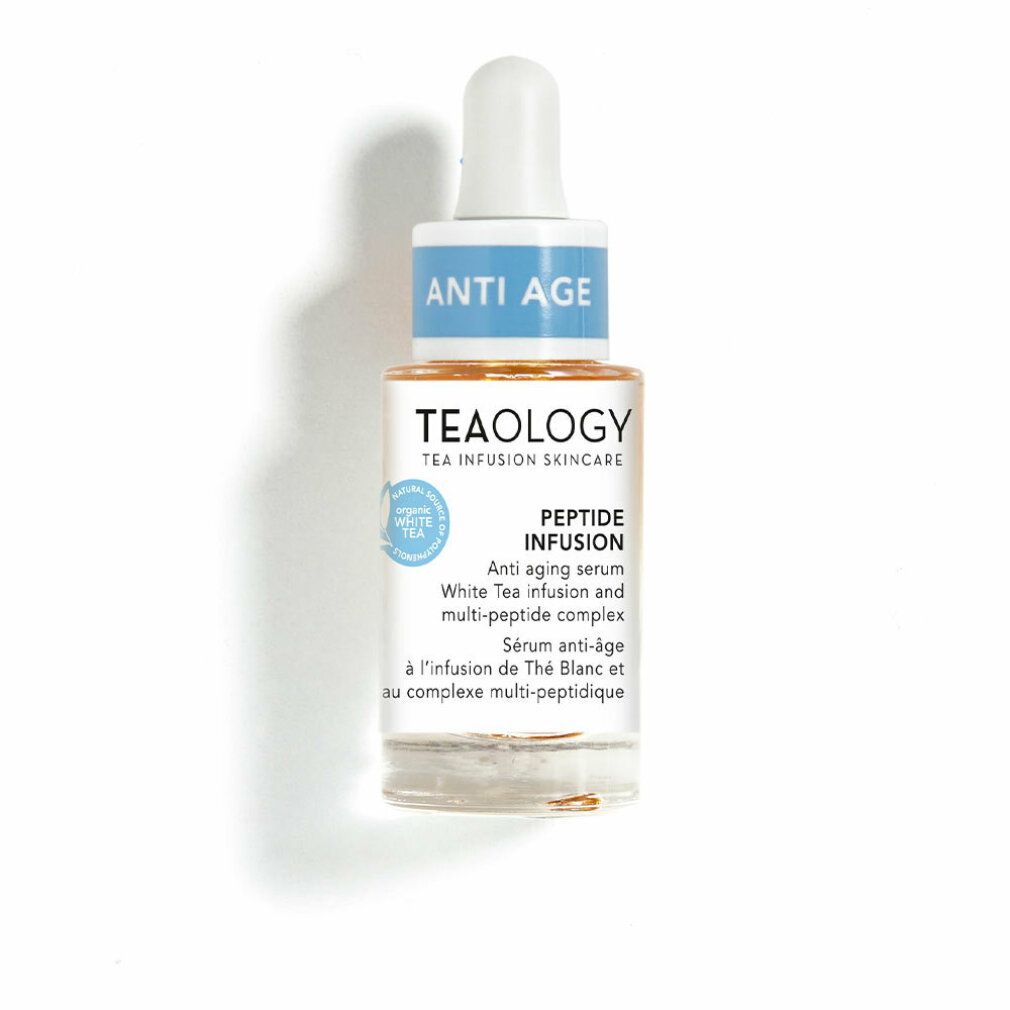 Teology Peptide Infusion Anti-Aging Serum in Glasflasche mit Pipette. Enthält weißen Tee und Multi-Peptid-Komplex.