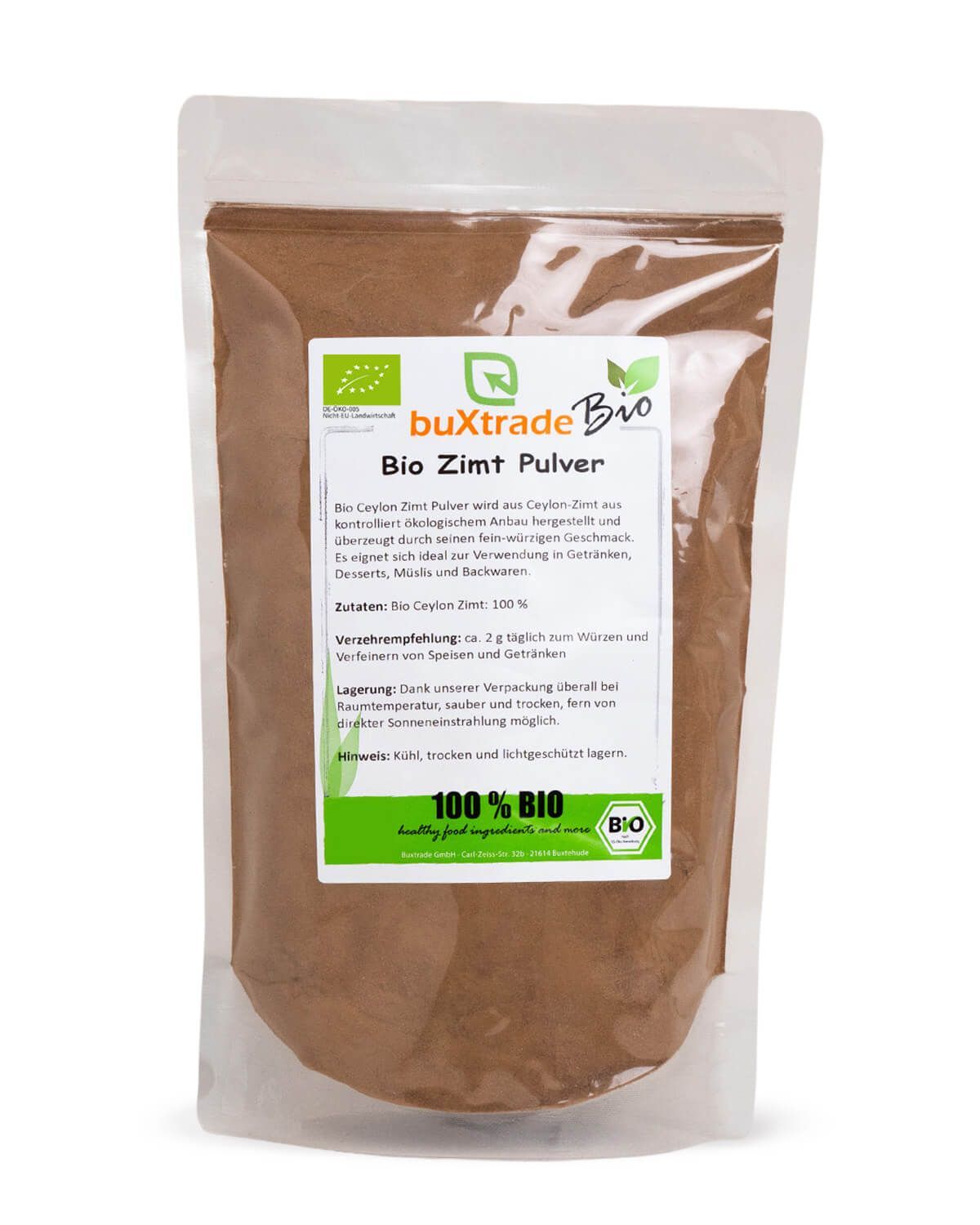 Verpackung mit Bio Ceylon Zimt Pulver. Enthält EU-Bio-Siegel und "100% BIO".