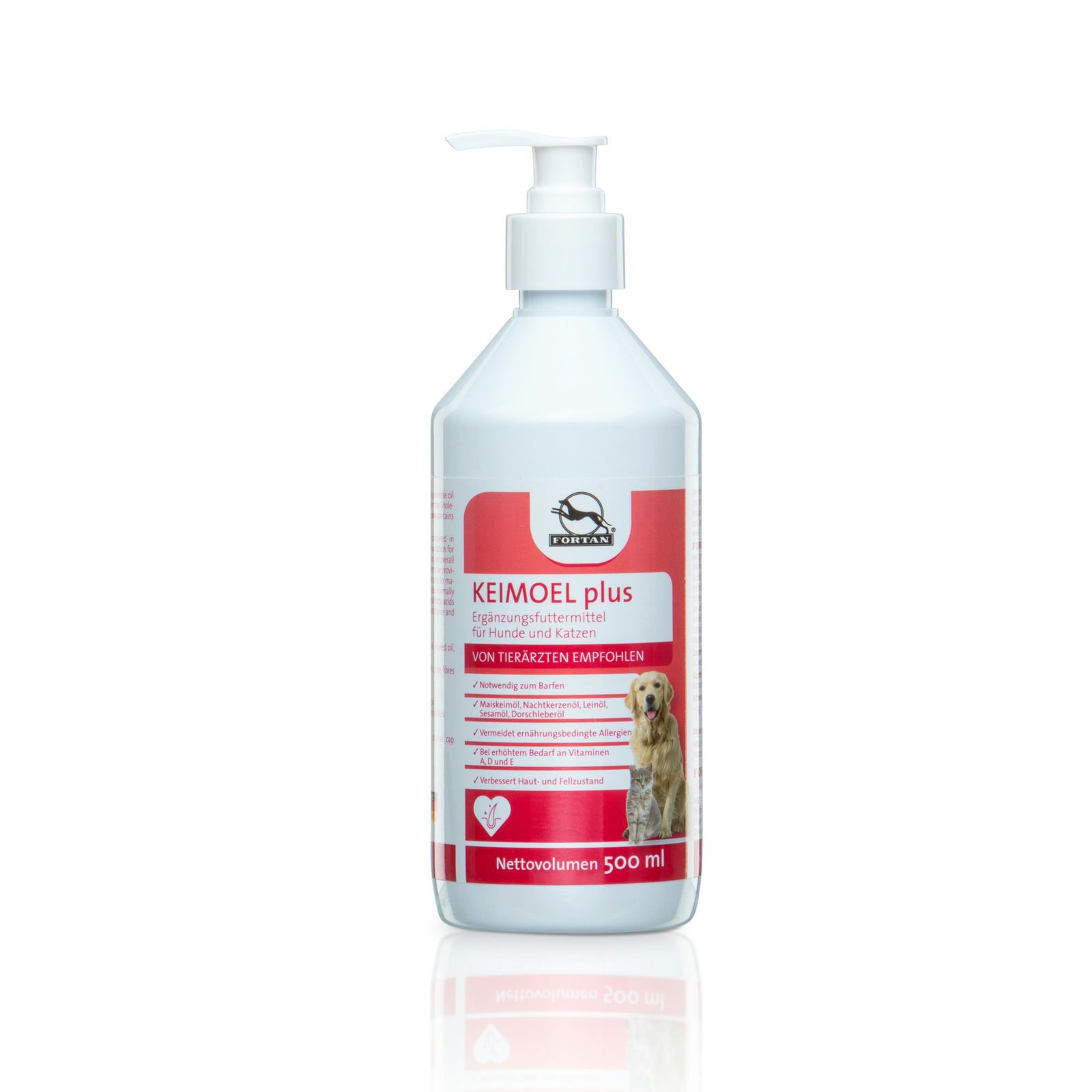 Flasche mit Dosierpumpe. Aufschrift: KEIMOEL plus. Roter Streifen mit Logo und Text. Abbildung eines Hundes. Netto-Volumen 500 ml.