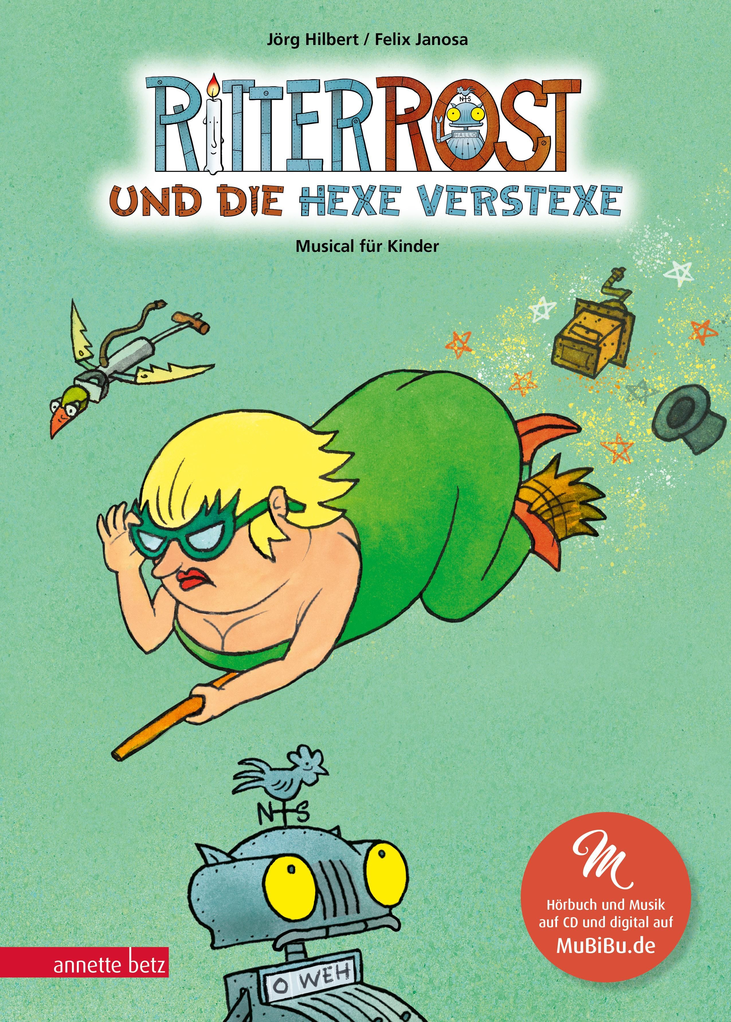 Buchcover mit Illustrationen. Titel: Ritter Rost und die Hexe Verstexe. Eine Hexe mit Brille und Zauberstab fliegt. Logo von MuBiBu.