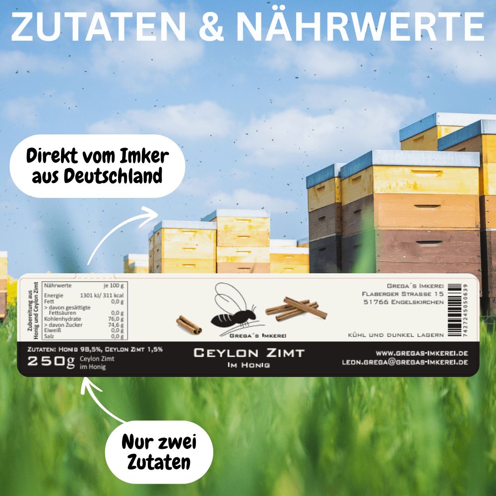 Honig mit Ceylon-Zimt-Geschmack, 250g Glas. Zutaten: 98,5% Honig, Ceylon Zimt.