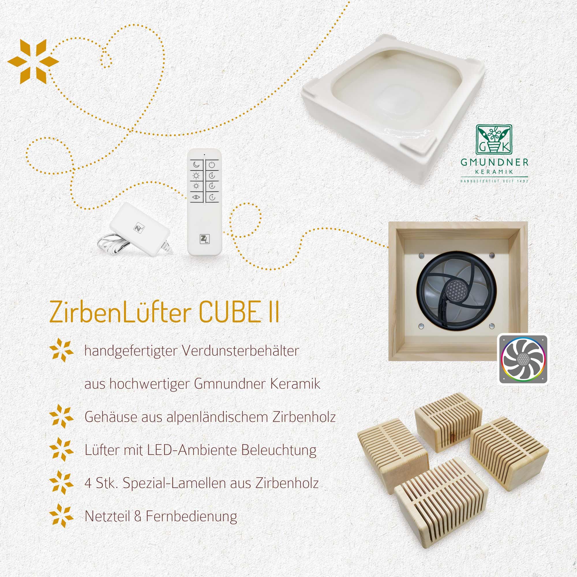 ZirbenLüfter® CUBE II, quadratisch, aus Holz, mit Holzlamellen. Zubehör: Fernbedienung, Keramikbehälter, Lamellen.