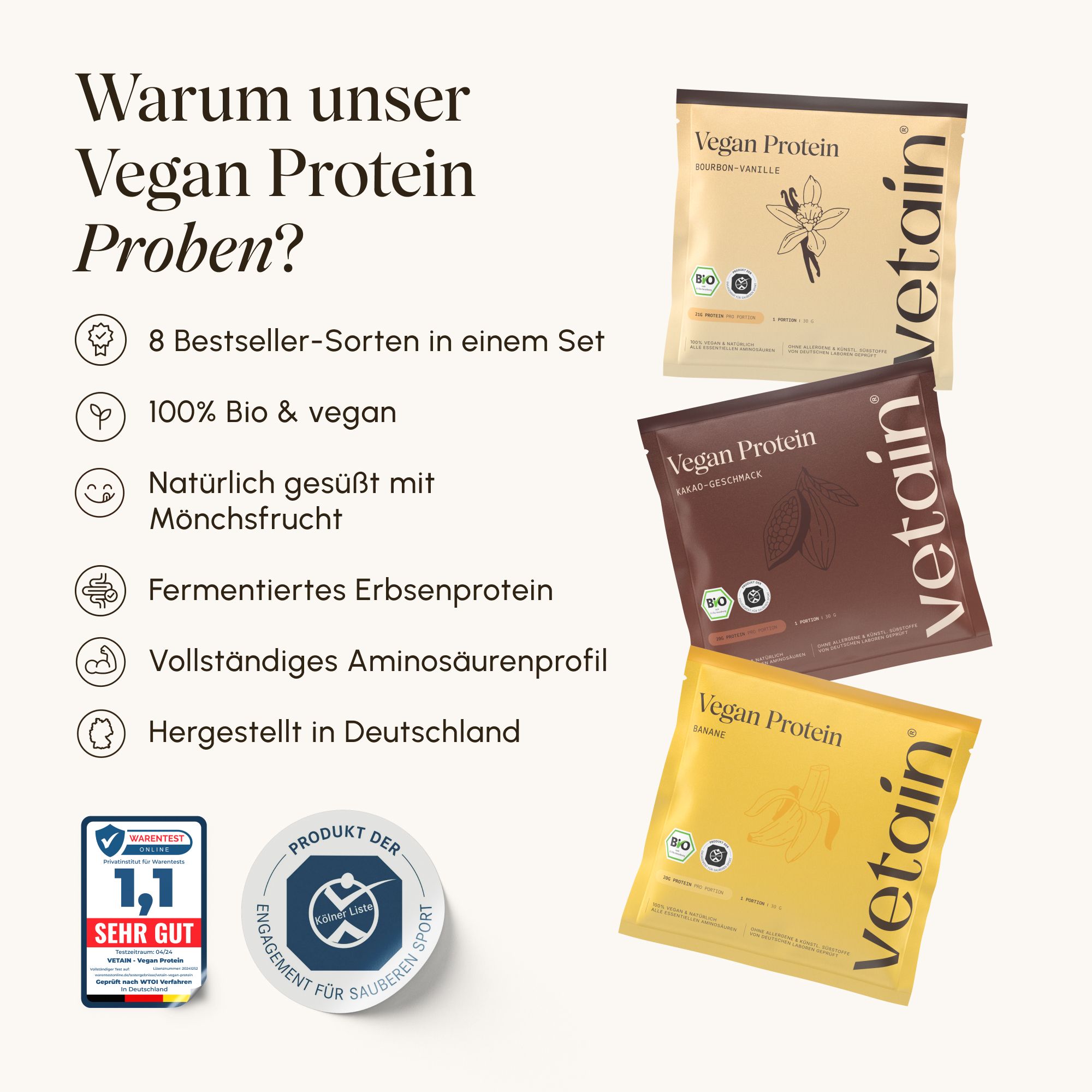Drei VETAIN Probierpackungen: Bourbon Vanille, Schoko und Mango.