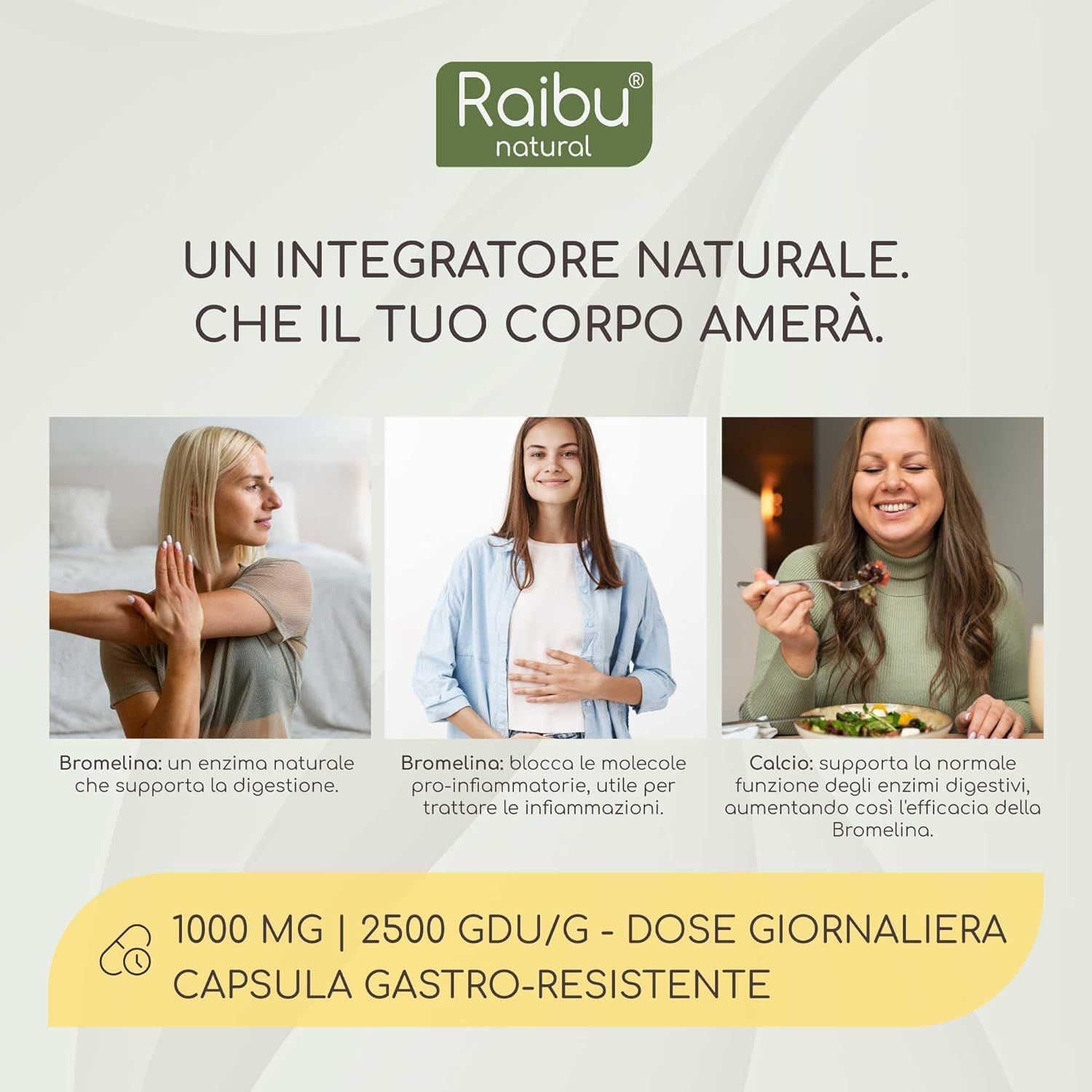 Immagine con tre piccole immagini. Persone con dolore, starnuti e mal di stomaco. Testo: 1000 mg/dose giornaliera, capsula gastroresistente.