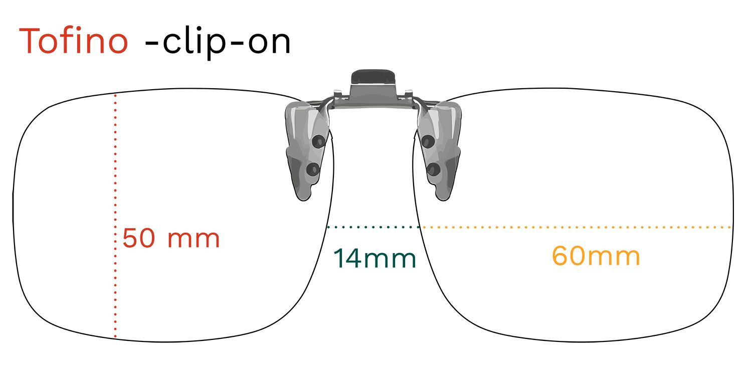 Clip-on-Sonnenbrille mit Größenangaben: 50mm, 14mm, 60mm. Text: Tofino -clip-on.