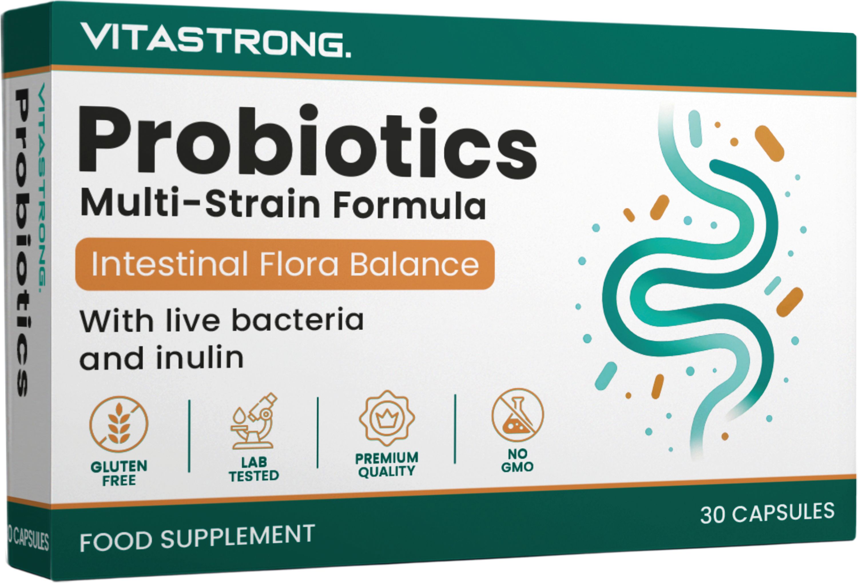 Vitastrong Probiotika Karton mit 30 Kapseln, Darmflora-Gleichgewicht, Glutenfrei, Laborgeprüft.