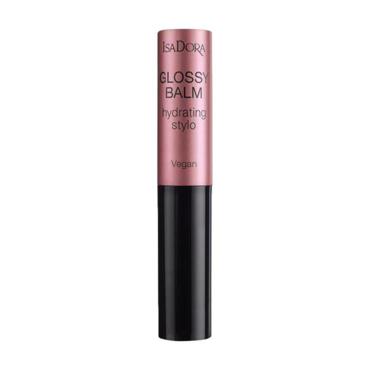IsaDora Glossy Balm Hydrating Stylo. Rosa-farbener Stift mit schwarzem Boden. Text: Glossy Balm, hydrating stylo, Vegan.