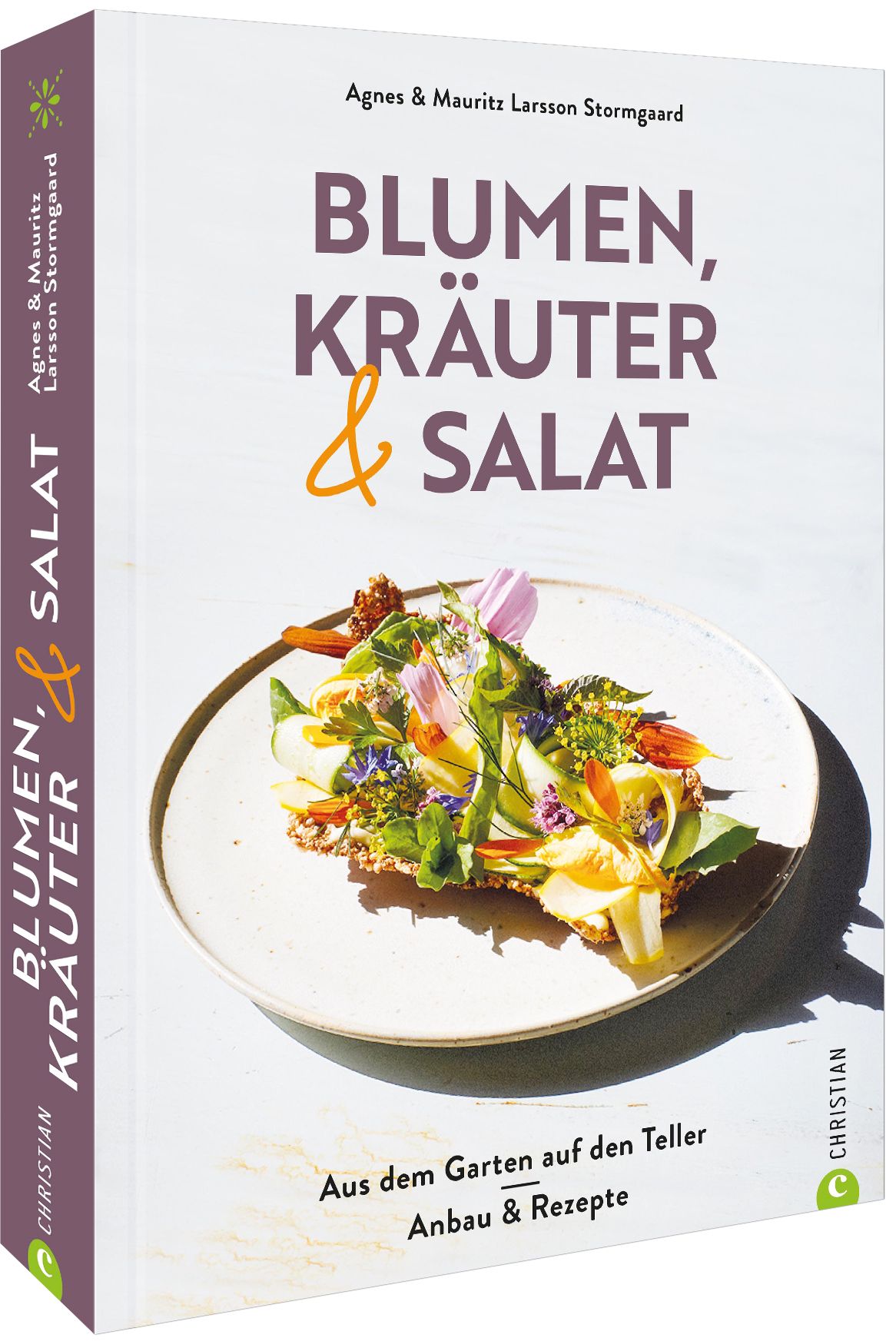 Buchcover mit Titel "Blumen, Kräuter & Salat". Autoren: Agnes & Mauritz Larsson Stormgaard. Auf dem Teller angerichtetes Gericht mit Blumen.